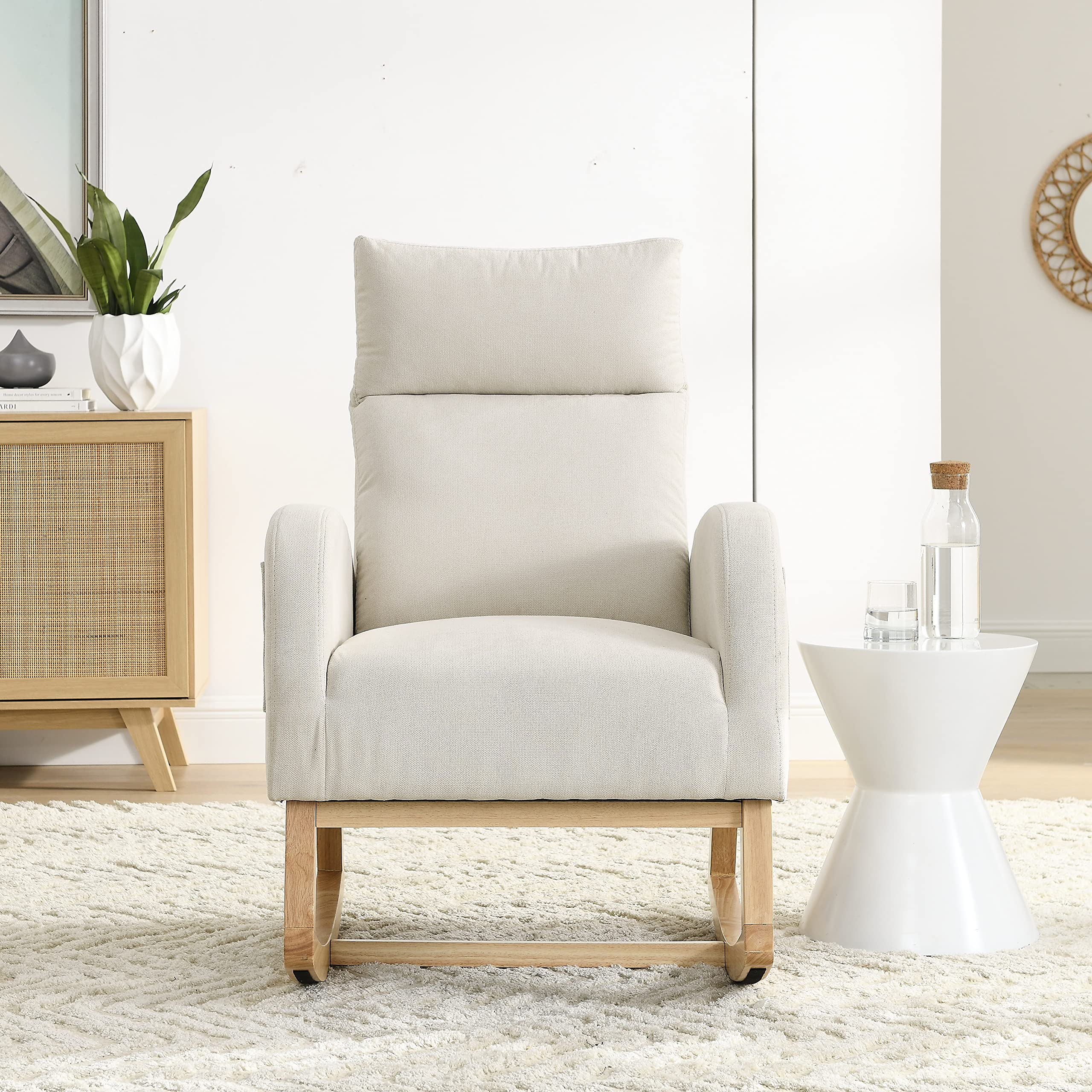 Modern Accent Upholstered Rocking Chair with High Backrest - Comfy Fabric Armchair with Side Pocket & Wood Base - Mid-Century Lounge Chair for Living Room, Office, Nursery - Perfect for Relaxing, Reading & Nursing (Beige)