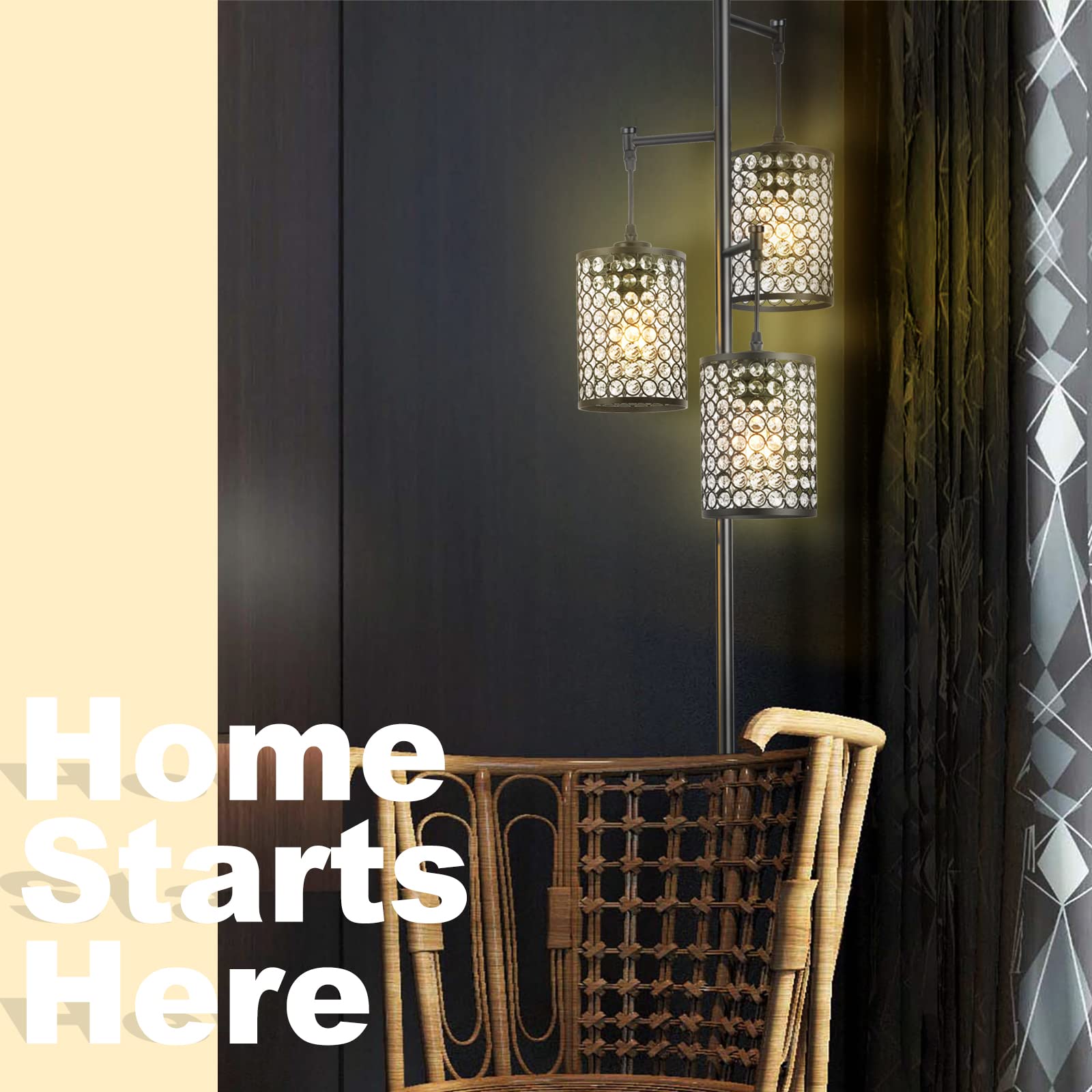 EE Eleven Master Modern 3-Light Tree Floor Lamp - Crystal Standing Lamp with On/Off Switch - Elegant Black Pole Light for Living Room, Bedroom, Office & Hotel - Perfect for Ambient Lighting and Home Decor