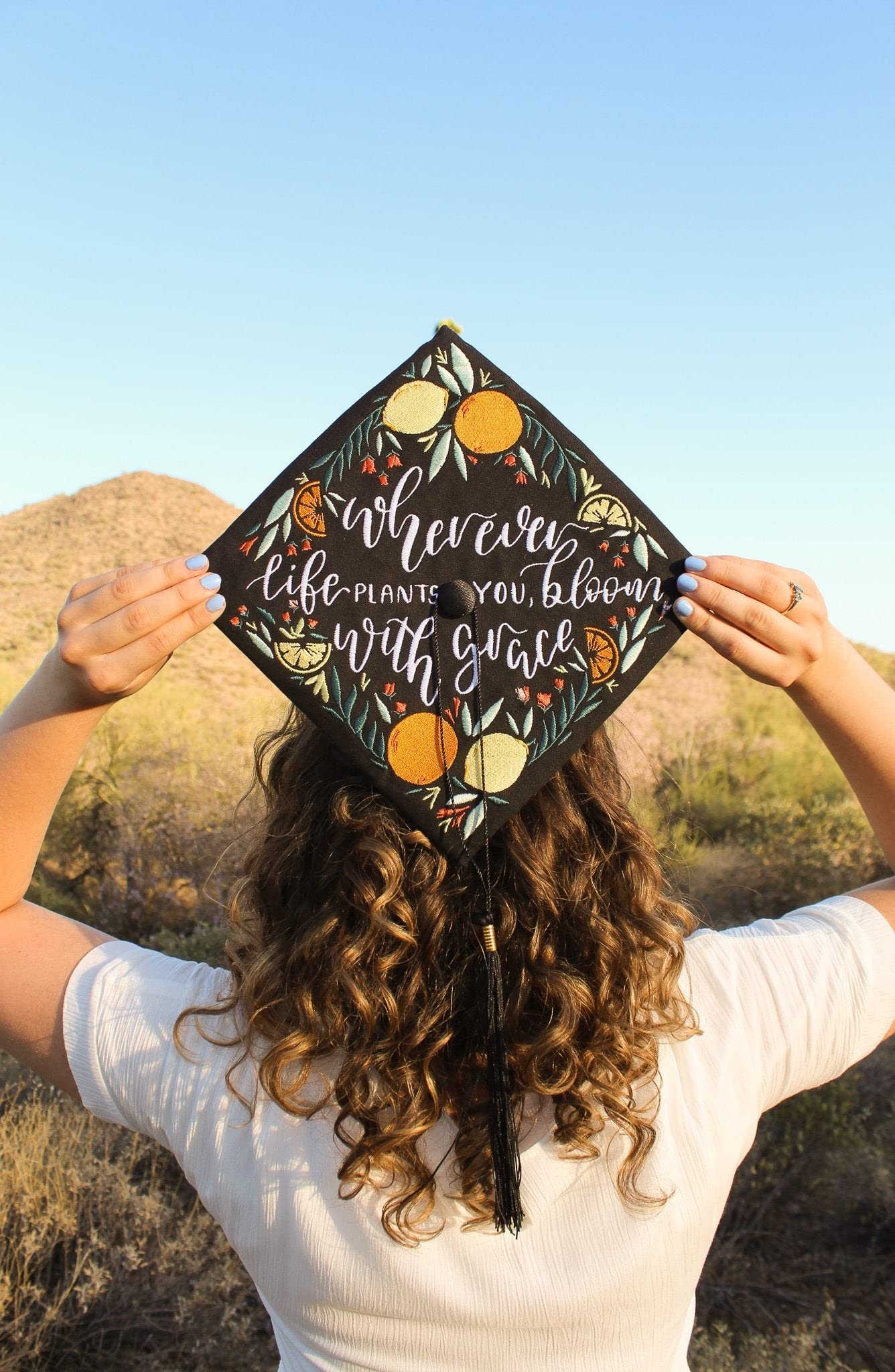 UniikPillows Embroidered Lemon Graduation Cap Topper - Hand Painted Citrus Design for Graduation Cap Decoration | Perfect Graduation Gift for Students | Great for Graduation Ceremonies, Parties & Photo Shoots