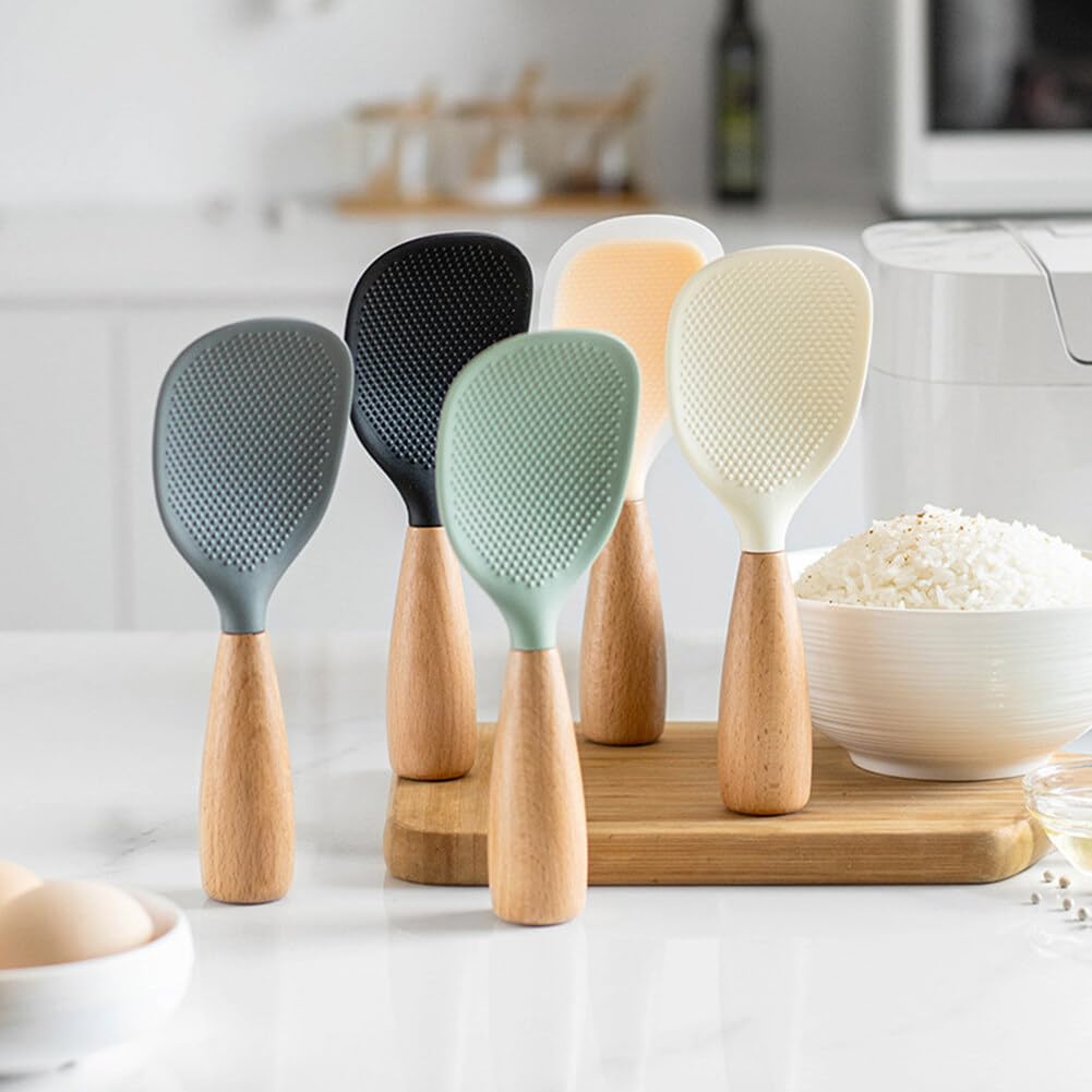 Non-Stick Vertical Rice Paddle Spoon with Wooden Handle - Stand Up Serving Spoon & Kitchen Spatula for Cooking Rice, Stirring, and Serving - Perfect for Rice Cookers, Pots, and Everyday Kitchen Use