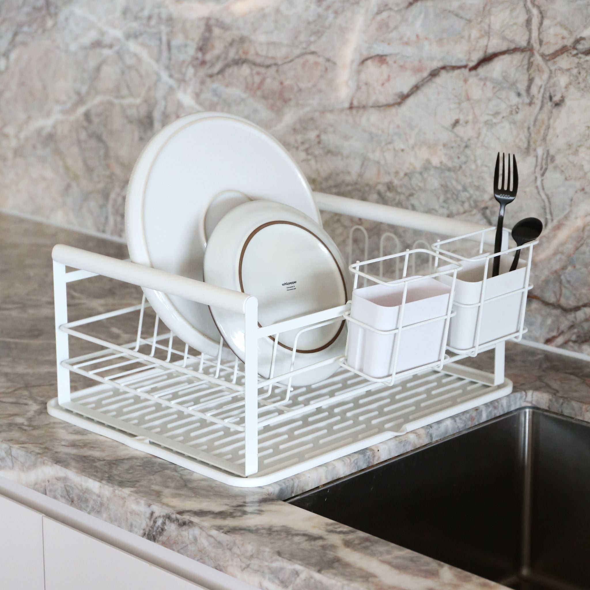 DESIGNSTUFF White Dish Drying Rack with Removable Utensil Holders - Space Saving Countertop Organizer for Kitchen, Dining Room & Small Apartments