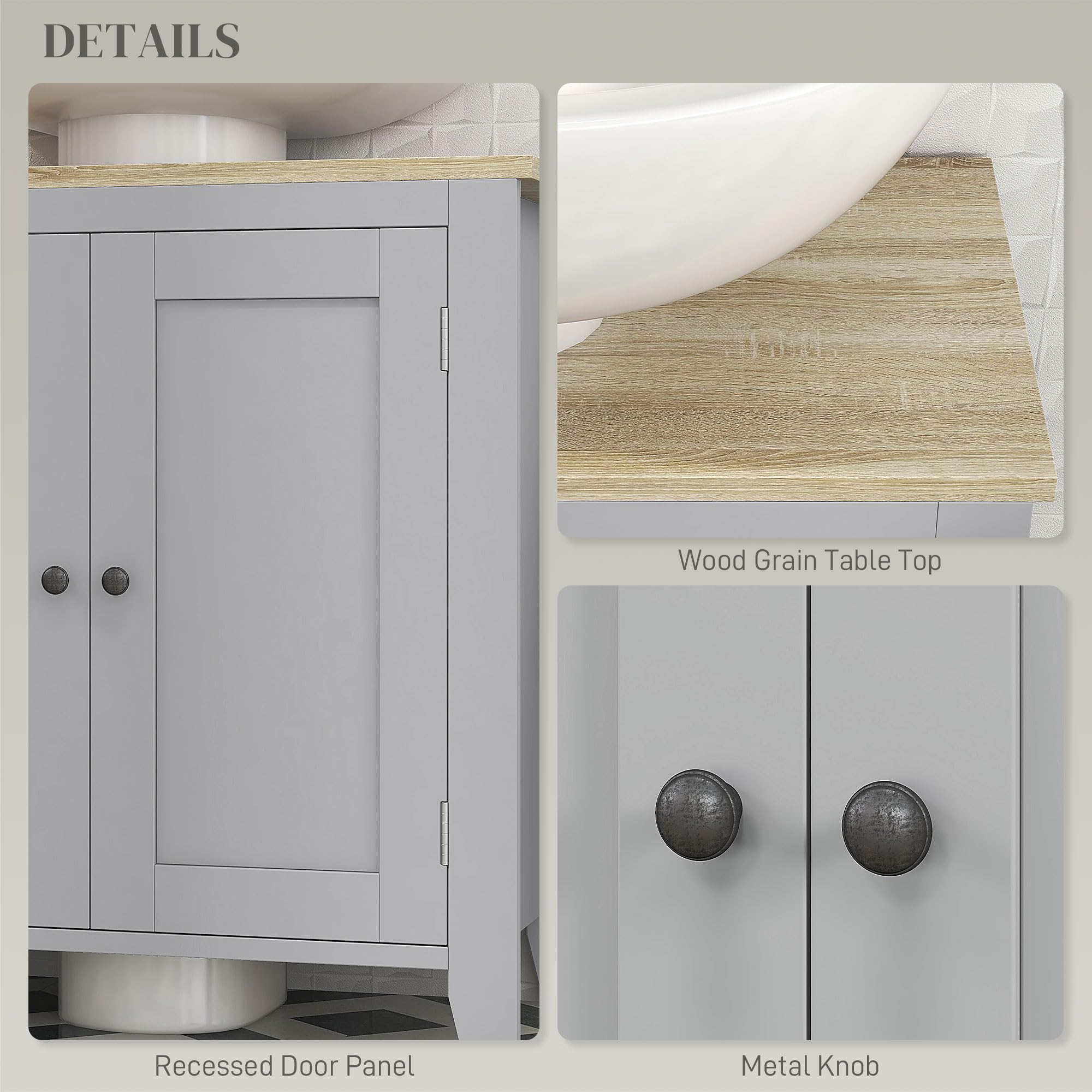 Kleankin Pedestal Sink Storage Cabinet - Under Sink Bathroom Vanity with Adjustable Shelf & U-Shape Design, Gray - Perfect for Small Bathrooms, Powder Rooms & Apartment Living