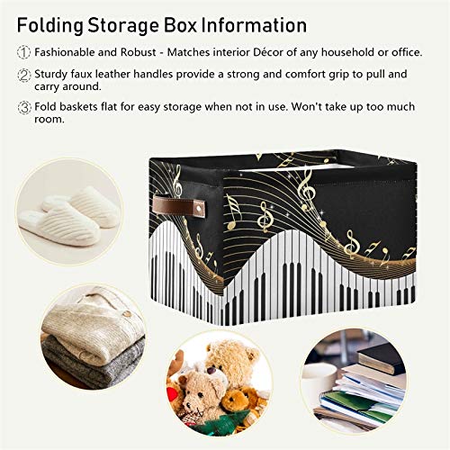 SEULIFE Foldable Storage Basket with Piano Keys Design - Large Collapsible Organizer Bin for Toys, Bathroom, Nursery & Closet - Gold Music Notes Pattern with Handles - Perfect for Home Organization & Kids Room Storage (1 Pack)