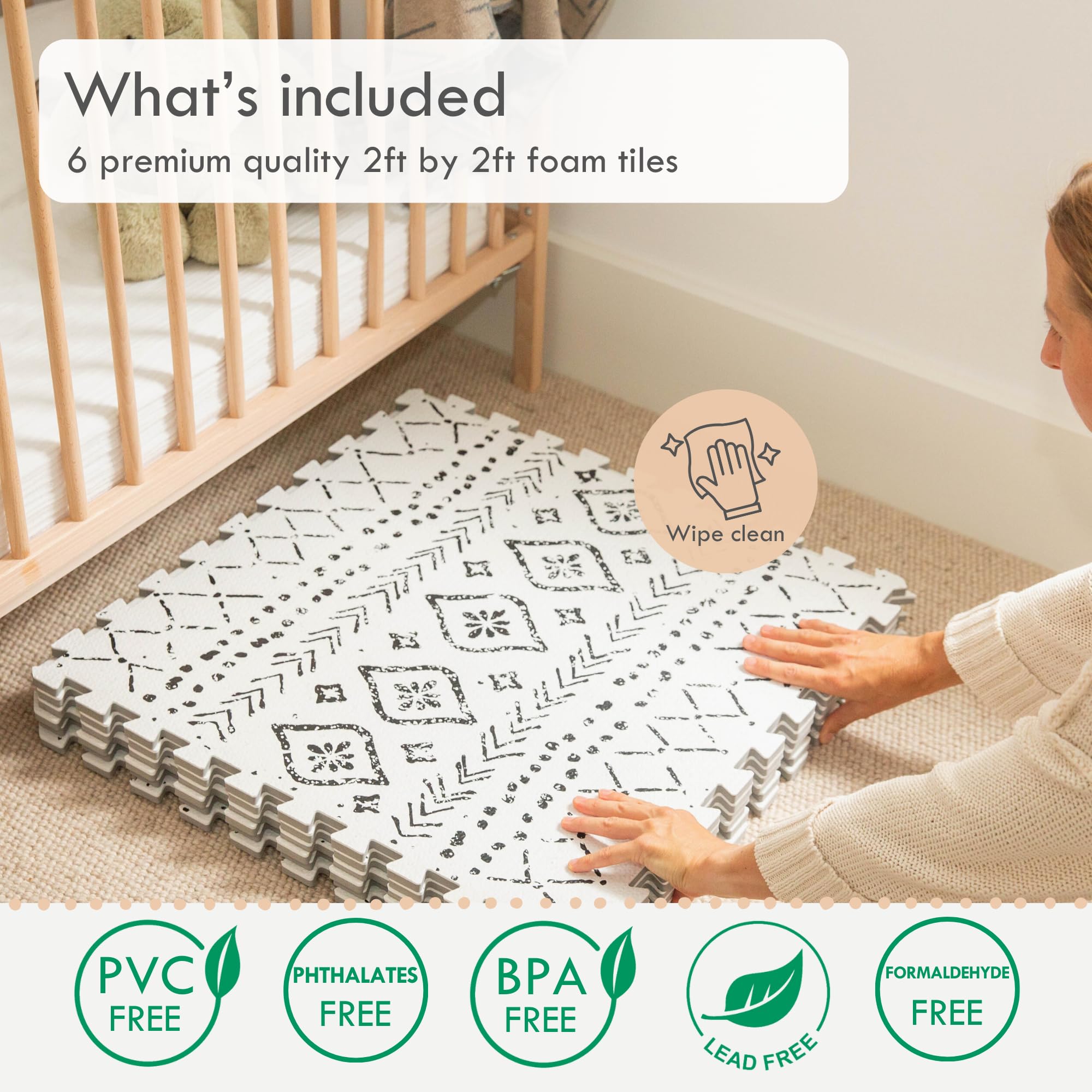 Lillefolk Baby Foam Play Mat - Non-Toxic Interlocking Tiles for Kids & Toddlers | 6x4ft Soft Foam Floor Mat for Baby Tummy Time, Crawling & Play Area | Boho Nursery Decor, Daycare & Home Playroom Essential