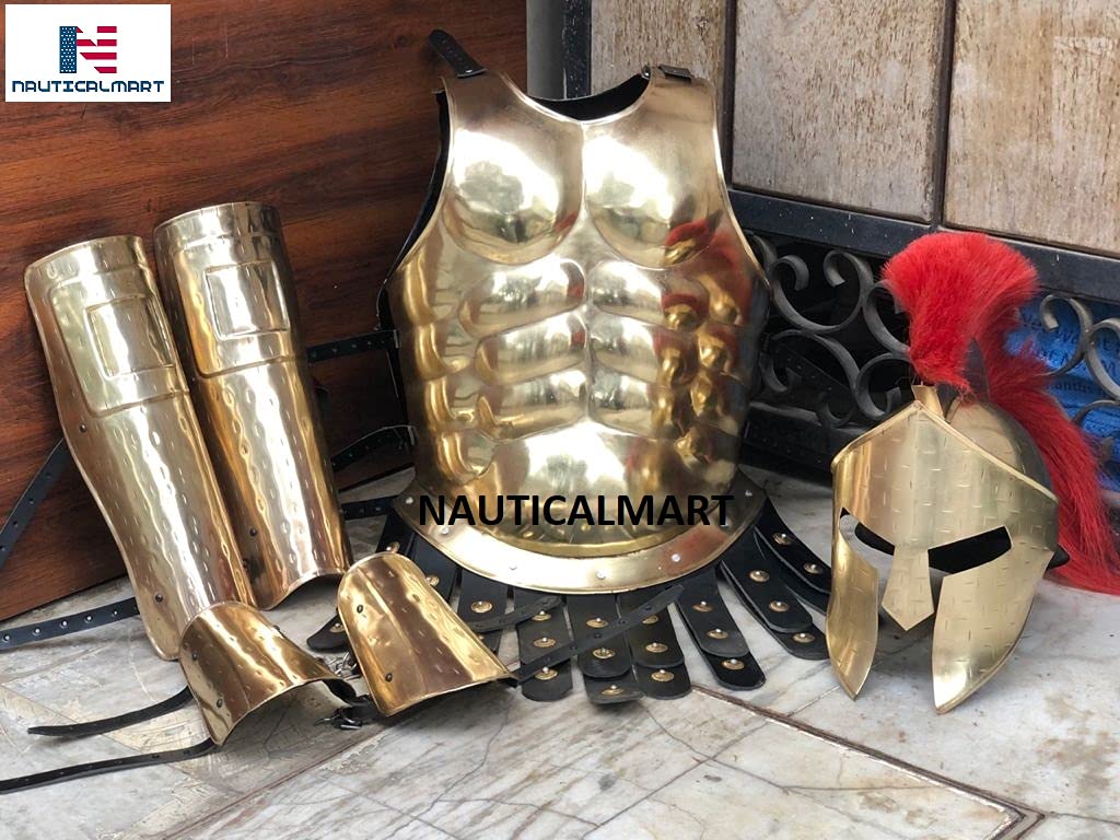 King Leonidas 300 Spartan Brass Helmet with Black Plume - Medieval Muscle Armor Jacket - Brass Antique Leg & Arm Guards - Spartan Warrior Costume for Cosplay, Halloween & Historical Reenactments