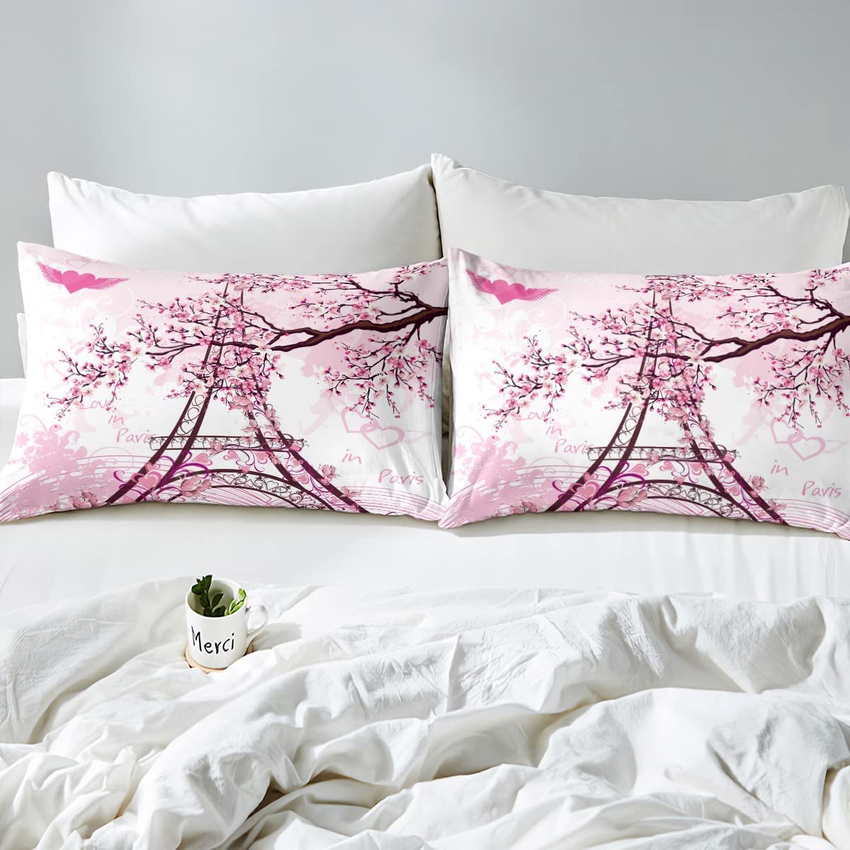 Eiffel Tower Duvet Cover Set - Cherry Blossom Design, Pink Botanical Bedding for Twin Size (2Pcs) | French Style Comforter Cover with Zipper Closure | Perfect for Teens Room Decor, Girls Bedroom & Romantic Parisian Themed Spaces