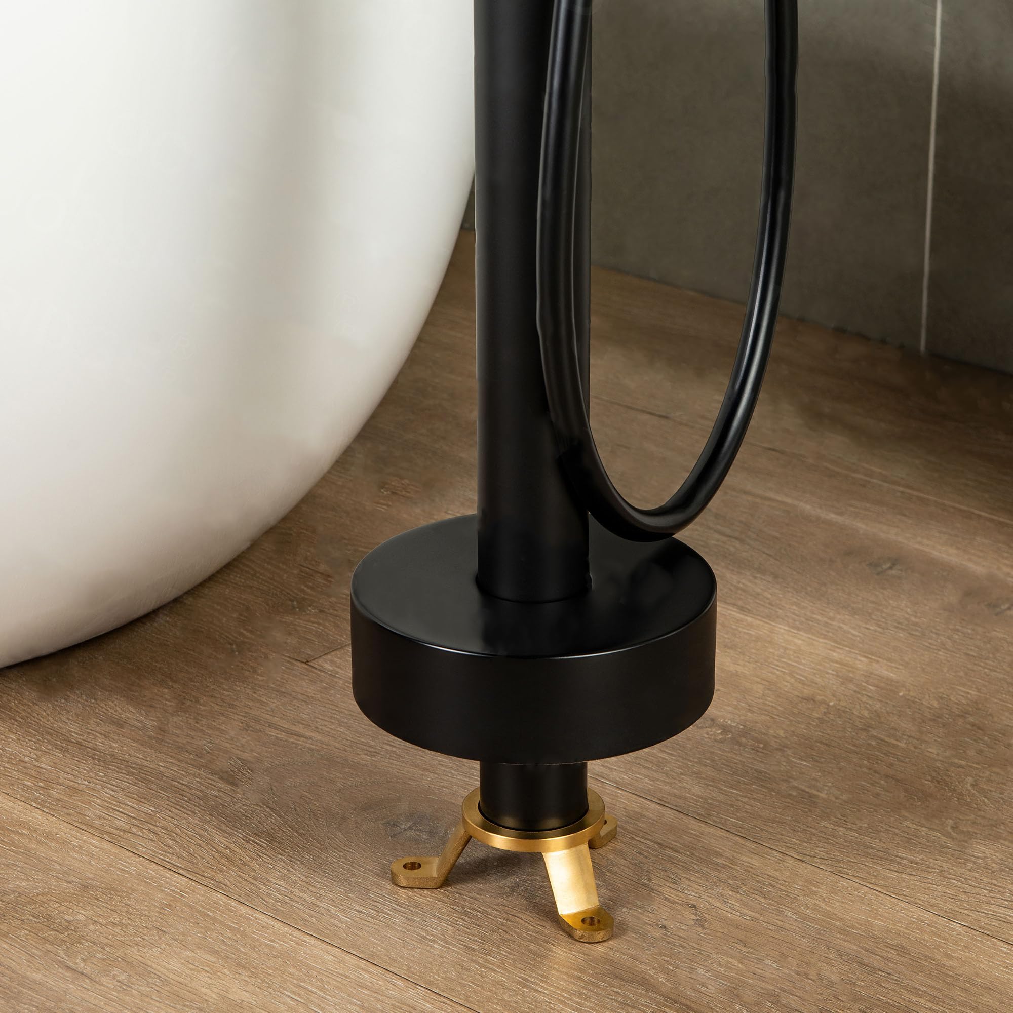 WOODBRIDGE F0006BL Matte Black Freestanding Tub Filler Faucet with Hand Shower - Contemporary Single Handle Floor Mount Bathtub Faucet for Modern Bathroom & Spa Relaxation