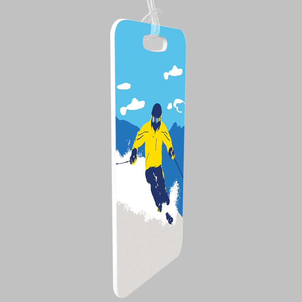 ChalkTalkSPORTS Skiing Luggage Tag - Personalized Ski Bag Tag with Custom Info - Medium Yellow Ski Gear Accessory - Perfect for Ski Trips & Winter Vacations