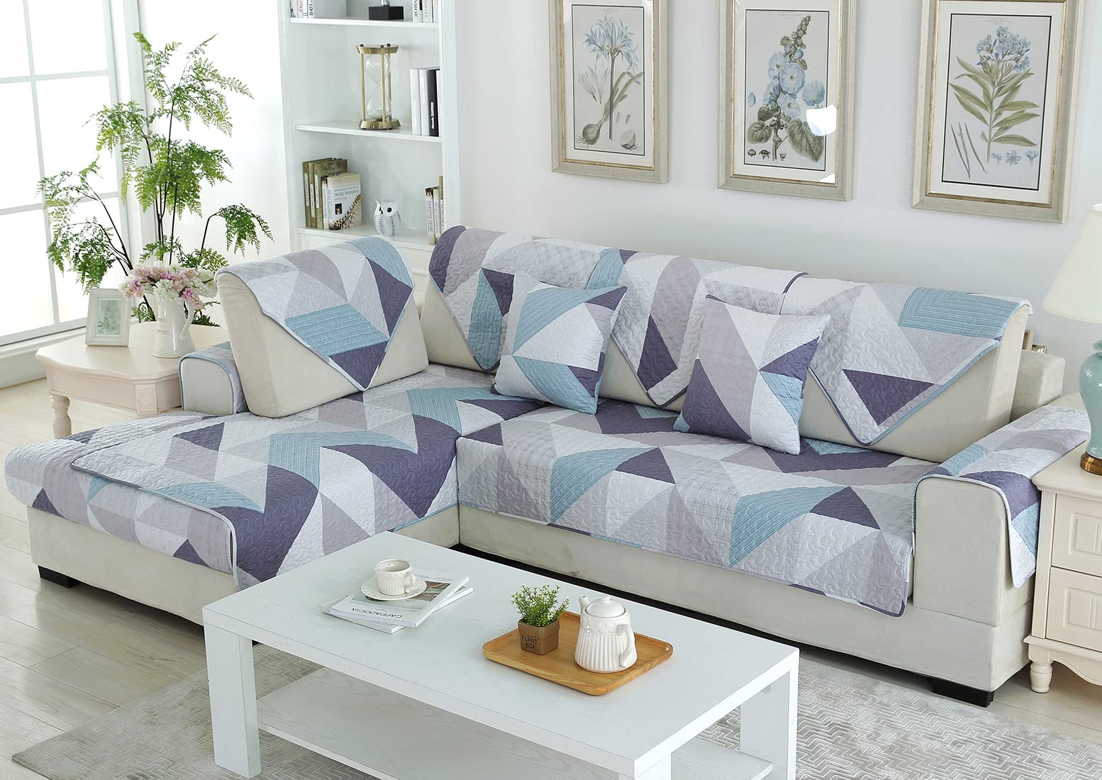 VCTOPS Cotton Quilted Sofa Cover - Non-Slip Printed Sectional Couch Protector for Pets, Soft Furniture Slipcover for Dogs & Cats, Fits Love Seat, Recliner & L-Shaped Couches (Triangle Pattern, 43x82 Inches) - Perfect for Living Room, Family Room & Pet-Friendly Homes