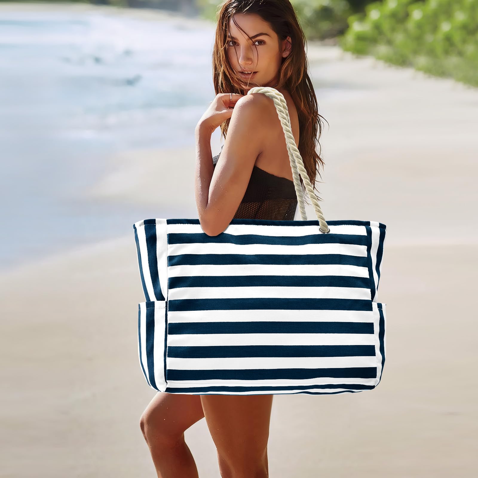 Becokan Large Waterproof Canvas Beach Tote Bag for Women - Durable Swim Pool Bag with Pockets, Perfect for Beach Travel, Vacation Essentials & Summer Outings