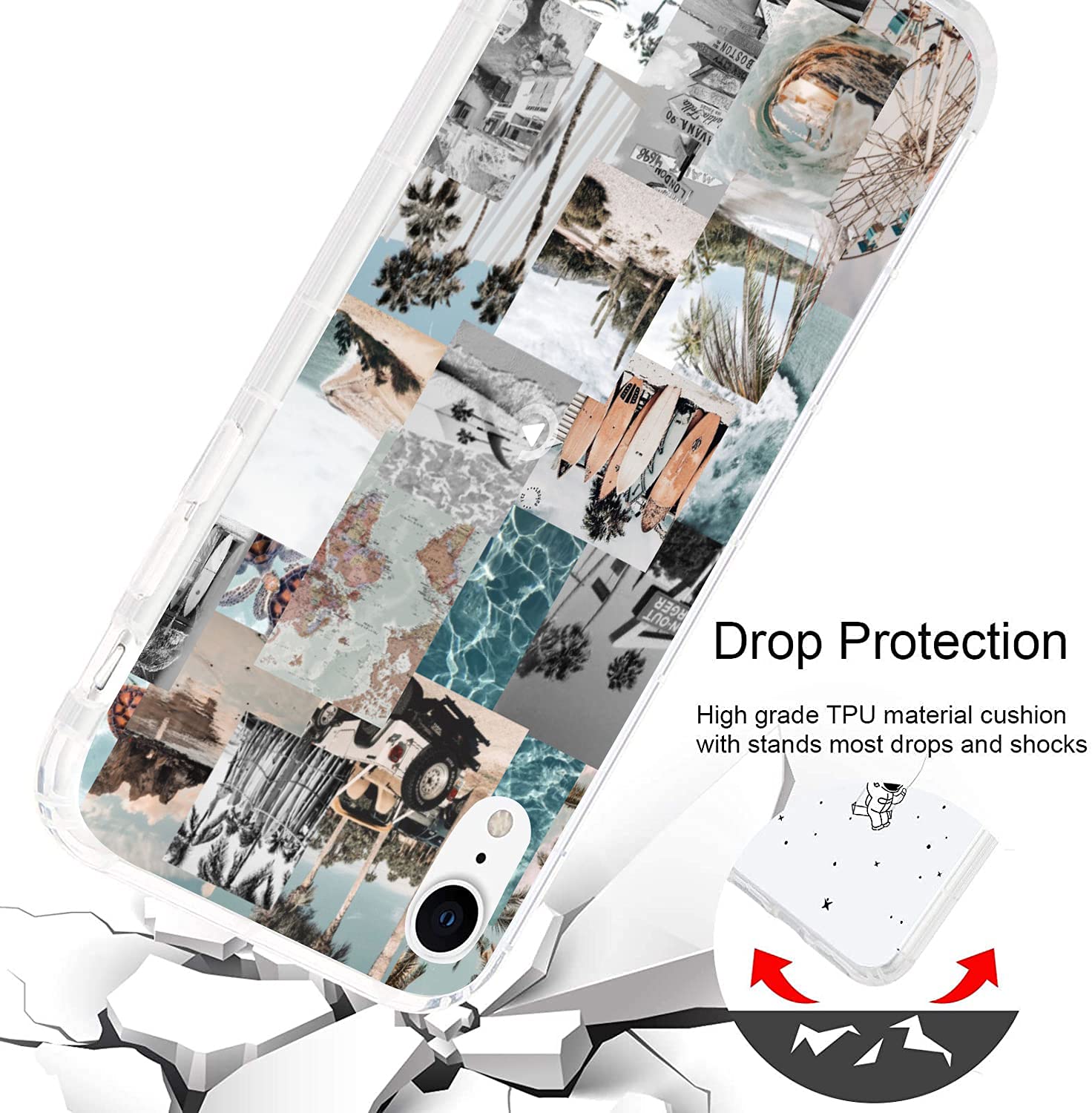 Vintage Blue Aesthetic Collage Phone Case for iPhone XR - Clear Shockproof Protective Cover with Beach Sunset Summer Surfing Design | Perfect for Women, Girls, Vacation & Everyday Use