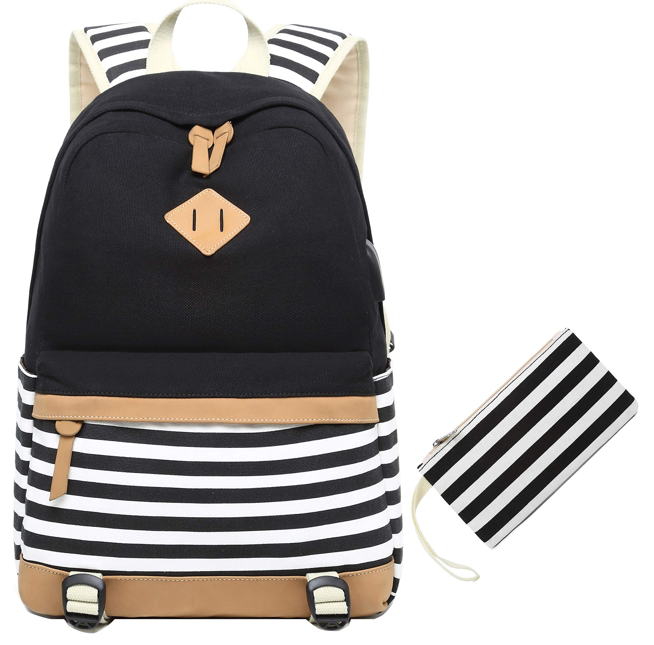 Stylish Canvas Backpack for Teen Girls - School Rucksack with USB Charging Port & Headphone Jack - Durable Travel Daypack for Students, Commuting & Outdoor Adventures