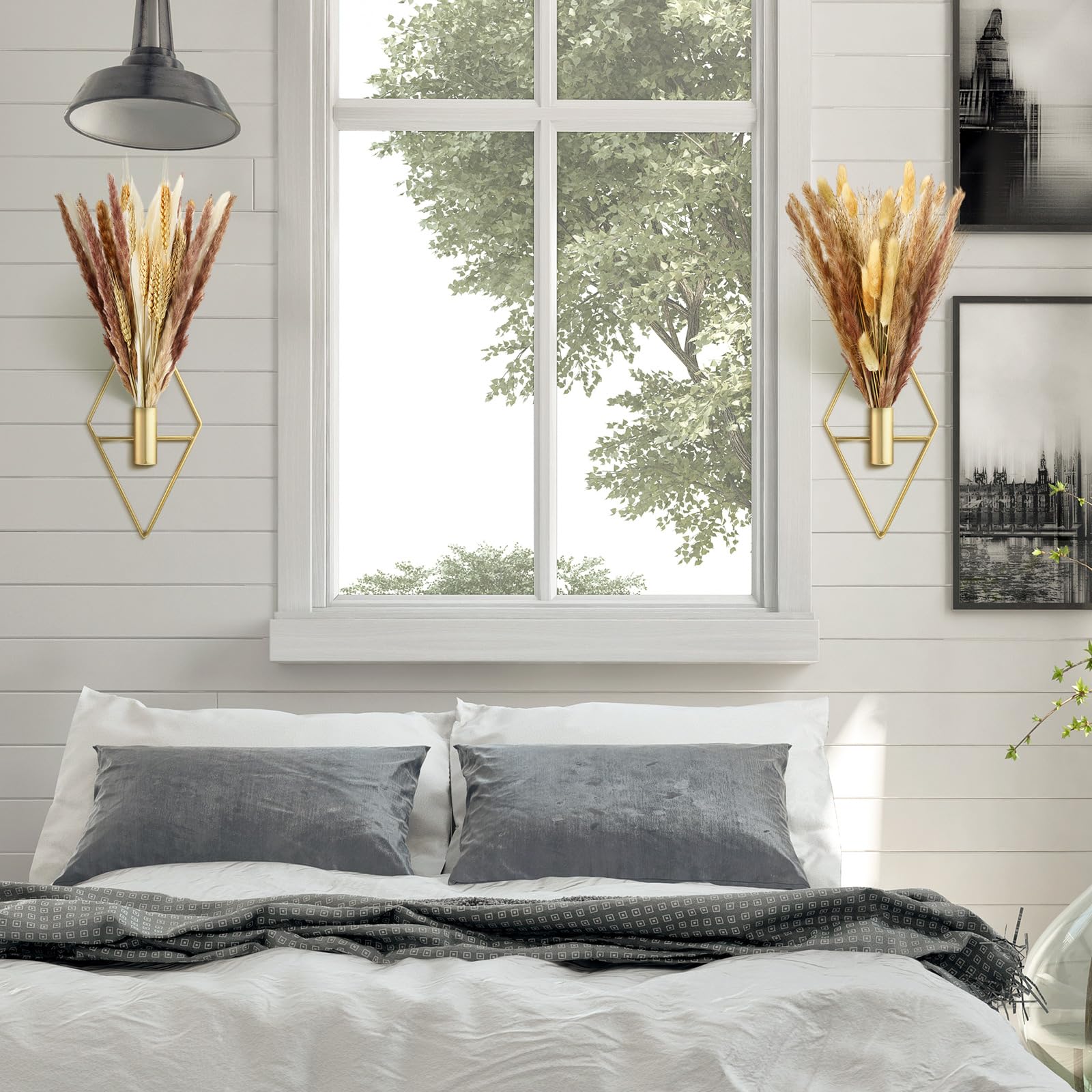 Peryiter 2 Pack Small Boho Wall Hanging Planters with Artificial Pampas Grass - Gold Metal Wall Art for Modern Home Decor, Bedroom, Bathroom & Living Room - Perfect for Bohemian Style & Farmhouse Decor