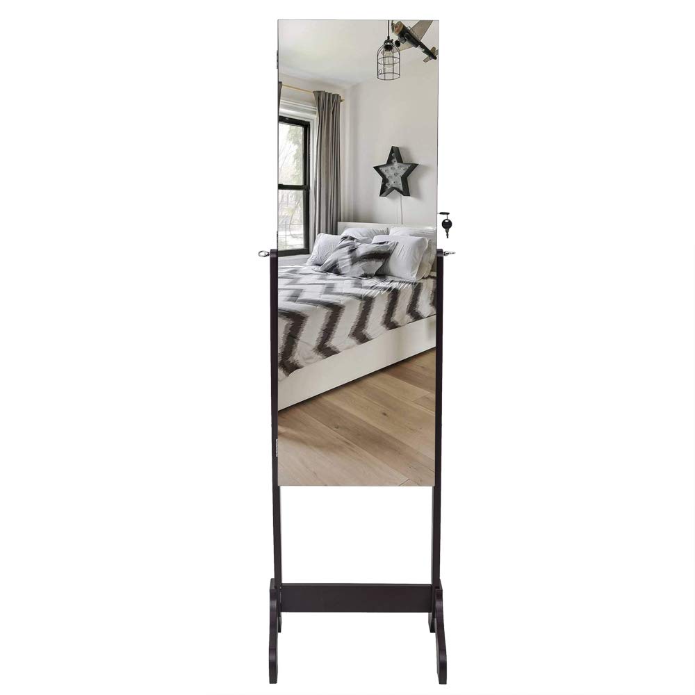 Lockable Jewelry Armoire Cabinet with Full-Length Mirror - Dark Brown Wooden Floor Standing Jewelry Storage Organizer for Bedroom, Closet & Dressing Room