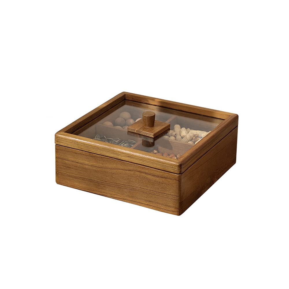 Premium Wooden Dried Fruit Box with Clear Lid - Solid Wood Snack Storage Container with Removable Dividers - Perfect for Living Room, Kitchen Countertop & Party Serving Tray - Organize Nuts, Candy, Chocolates & Dried Fruits