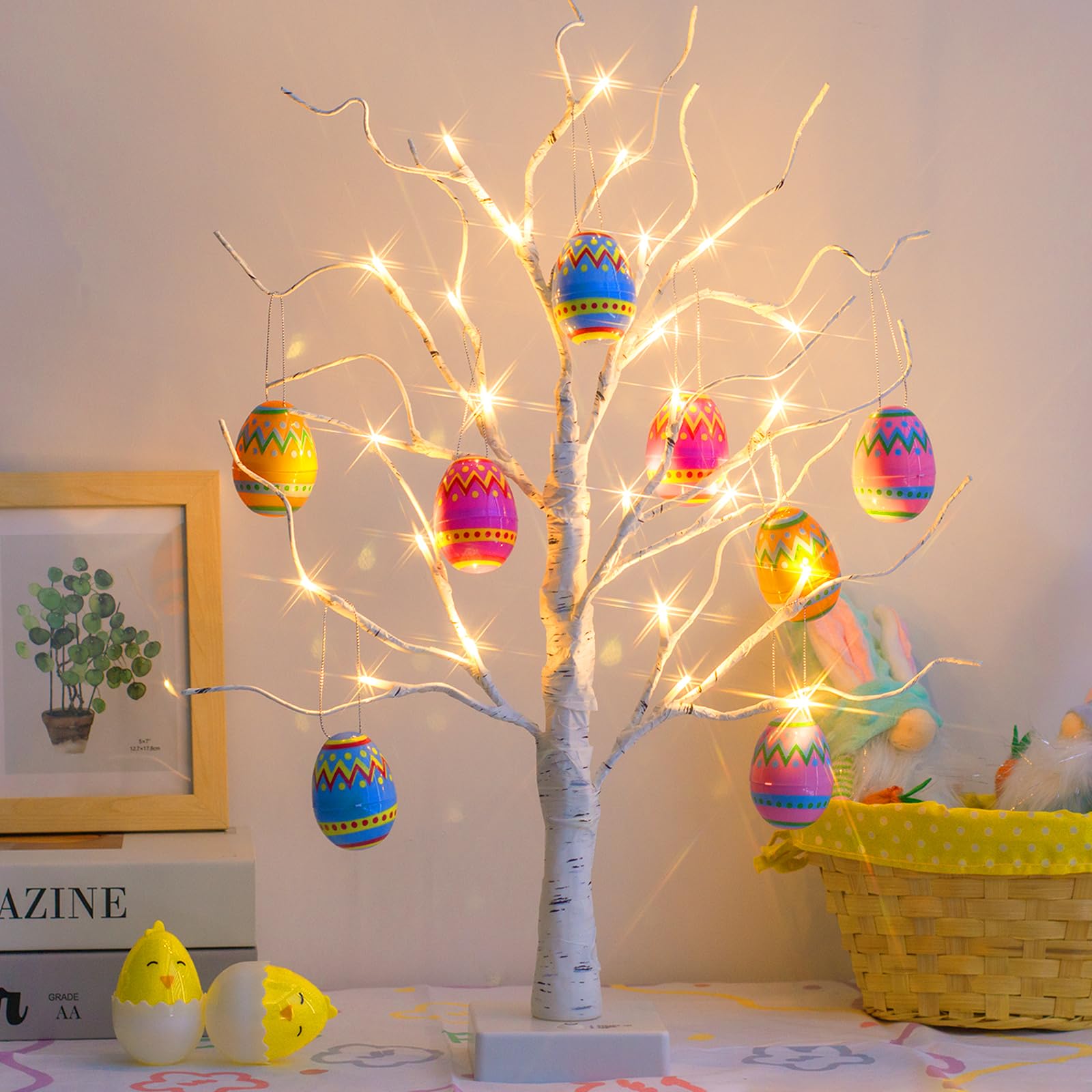 2FT 24LT Battery Powered Easter Egg Tree with Timer - Pre-lit White Birch Easter Decorations for Home, Party & Spring - Indoor/Outdoor Holiday Decor for Easter Celebrations, Garden & Living Room