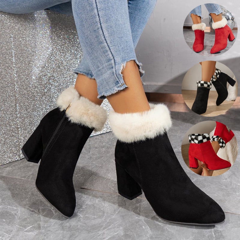 Women's Plaid Print Plush Ankle Boots - Winter Fashion Square Heel Suede Boots for Casual Wear | Warm & Comfortable Shoes for Autumn and Winter | Perfect for Office, Dating & Daily Outfits