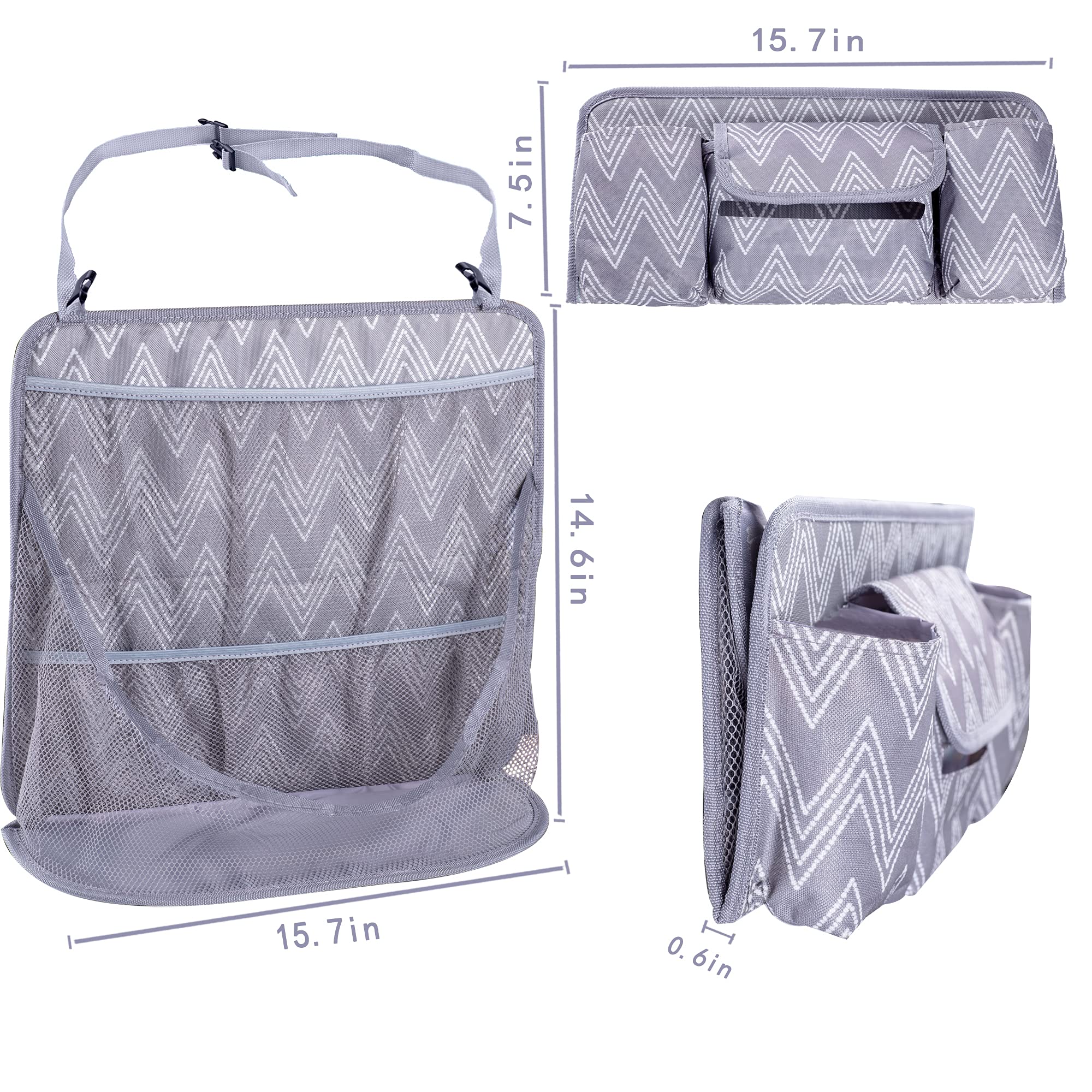 Car Seat Organizer with Net Pocket - Handbag & Purse Holder Between Front Seats | Collapsible Storage for Car Organization | Pet & Kids Barrier | Perfect for Road Trips & Daily Commutes (Gray Chevron)