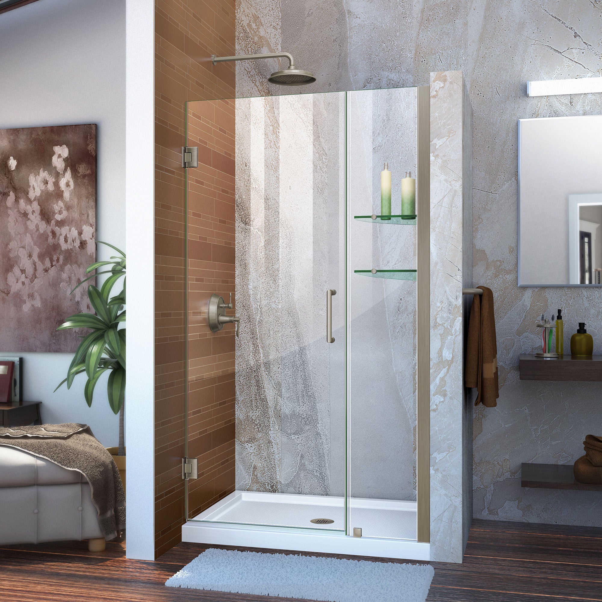 DreamLine Unidoor 36-37 Inch W x 72 Inch H Frameless Hinged Shower Door with Built-in Shelves - Clear Tempered Glass for Bathroom & Walk-in Shower - Modern & Space-Saving Design