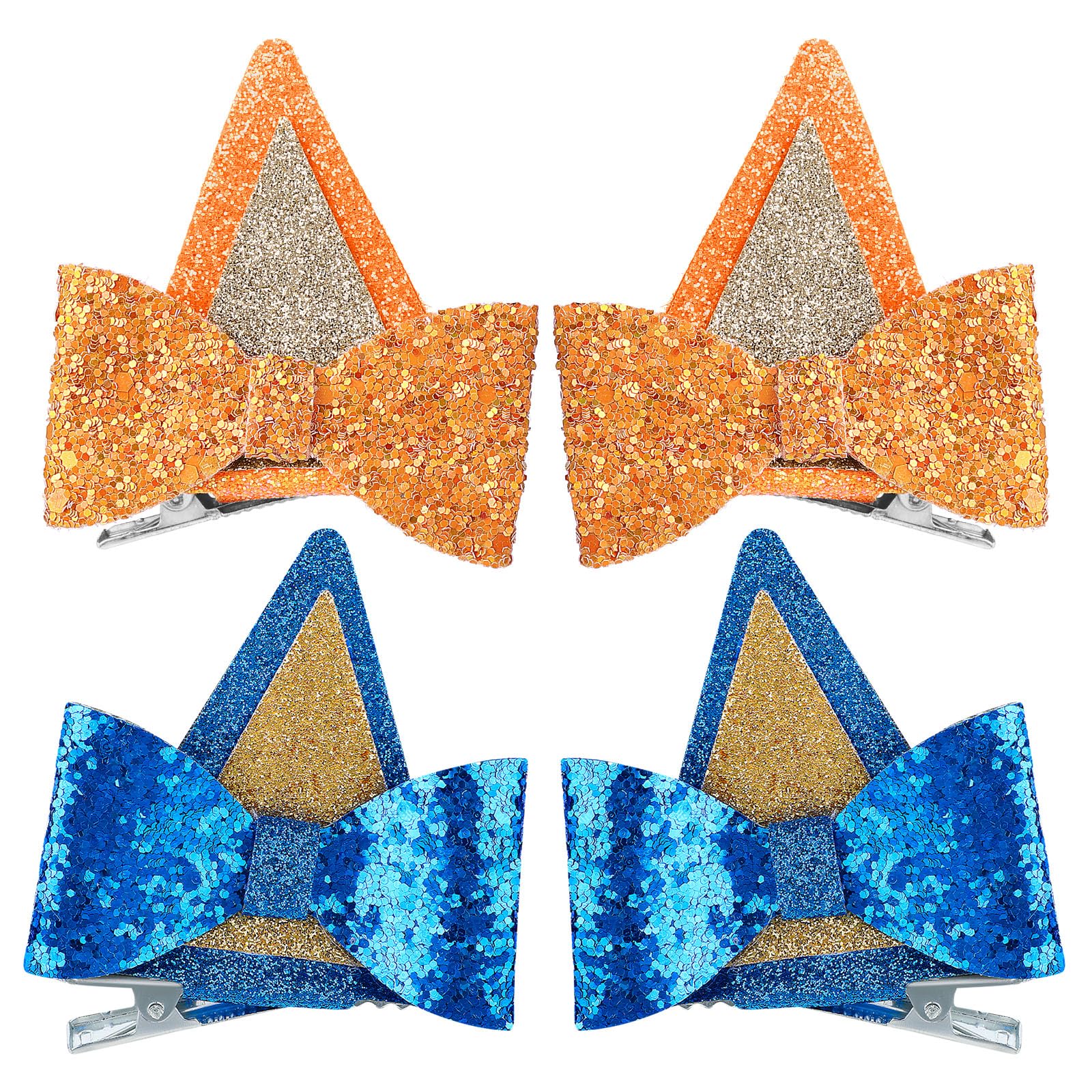 2 Pairs Blue Dog Ear Hair Clips with Glitter Bows - Cute Barrettes for Halloween Costumes, Birthday Party Decorations & Cosplay Accessories - Perfect for Costume Parties, Dress-Up Play and Themed Events