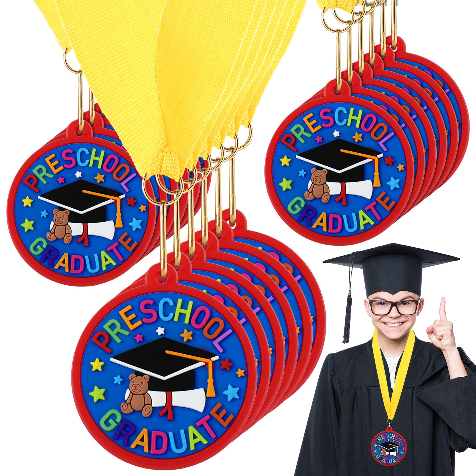 24 Pcs Kindergarten Preschool Graduation Medals for Kids - 2 Inch Award Medals with Yellow Ribbon - Perfect for Graduation Ceremonies, School Parties & Student Recognition Events
