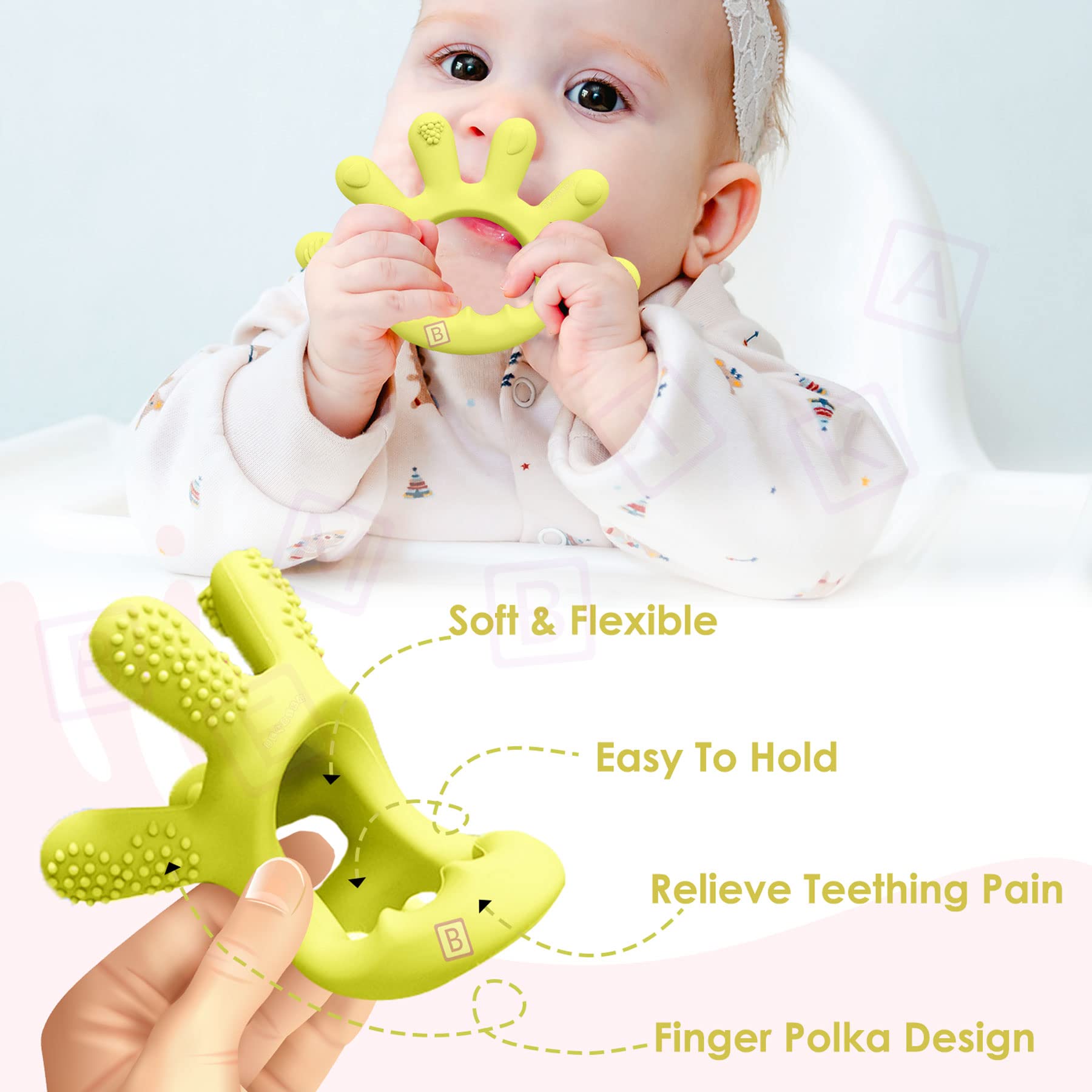Bembika Baby Teething Toys - Finger Shape Silicone Teether, Chewable Keys & Toothbrush for Soothing Sore Gums (Yellow) - Perfect for Infants & Toddlers During Teething, Travel, and Playtime