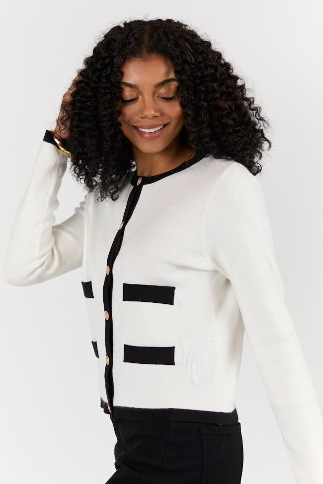 Forever Changing Ivory and Black Contrast Trim Cardigan for Women - Cozy Knit Sweater for Fall & Winter - Perfect for Office, Date Night & Casual Outfits