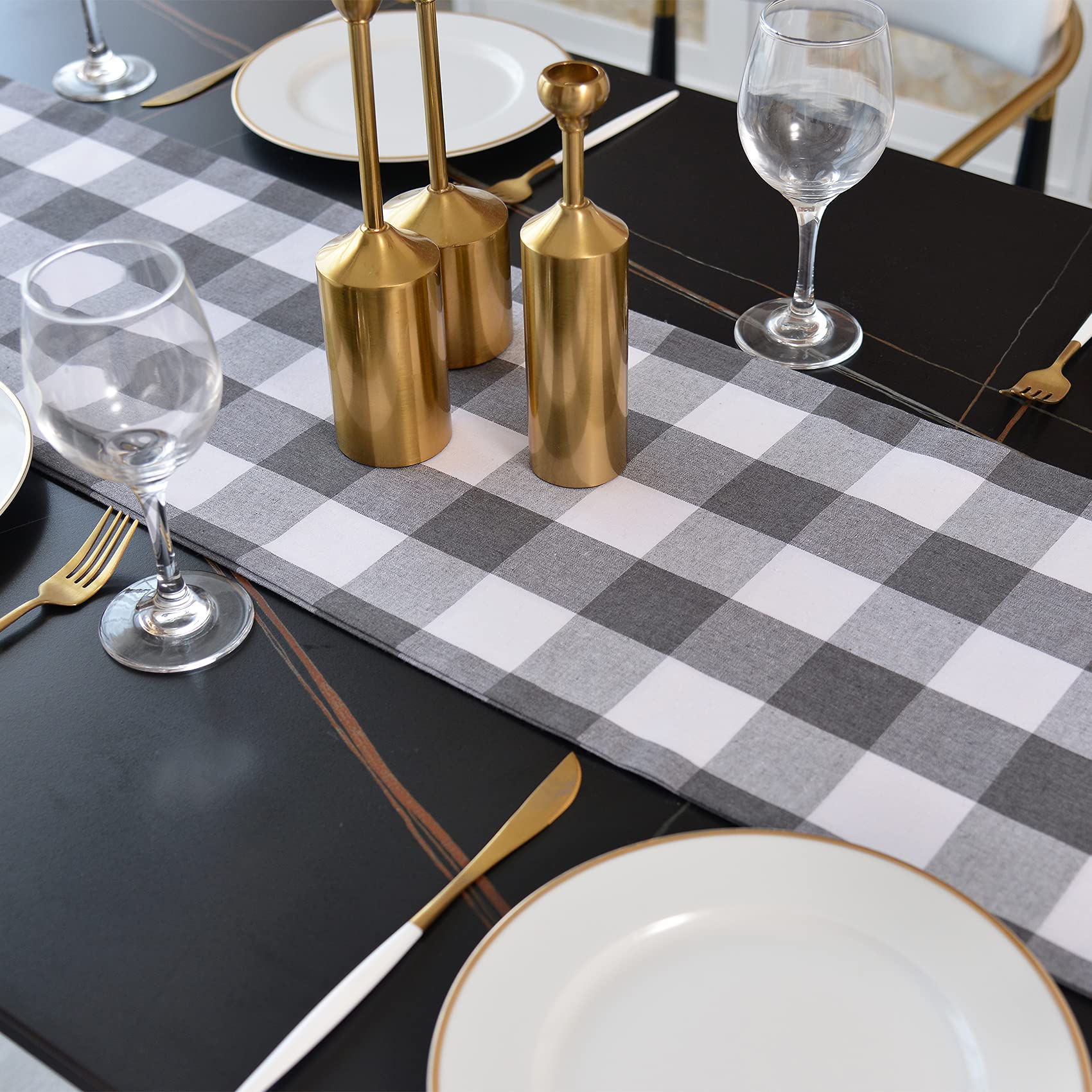 Buffalo Check Table Runner - Grey & White 2-Sided Cotton Tablecloth (12