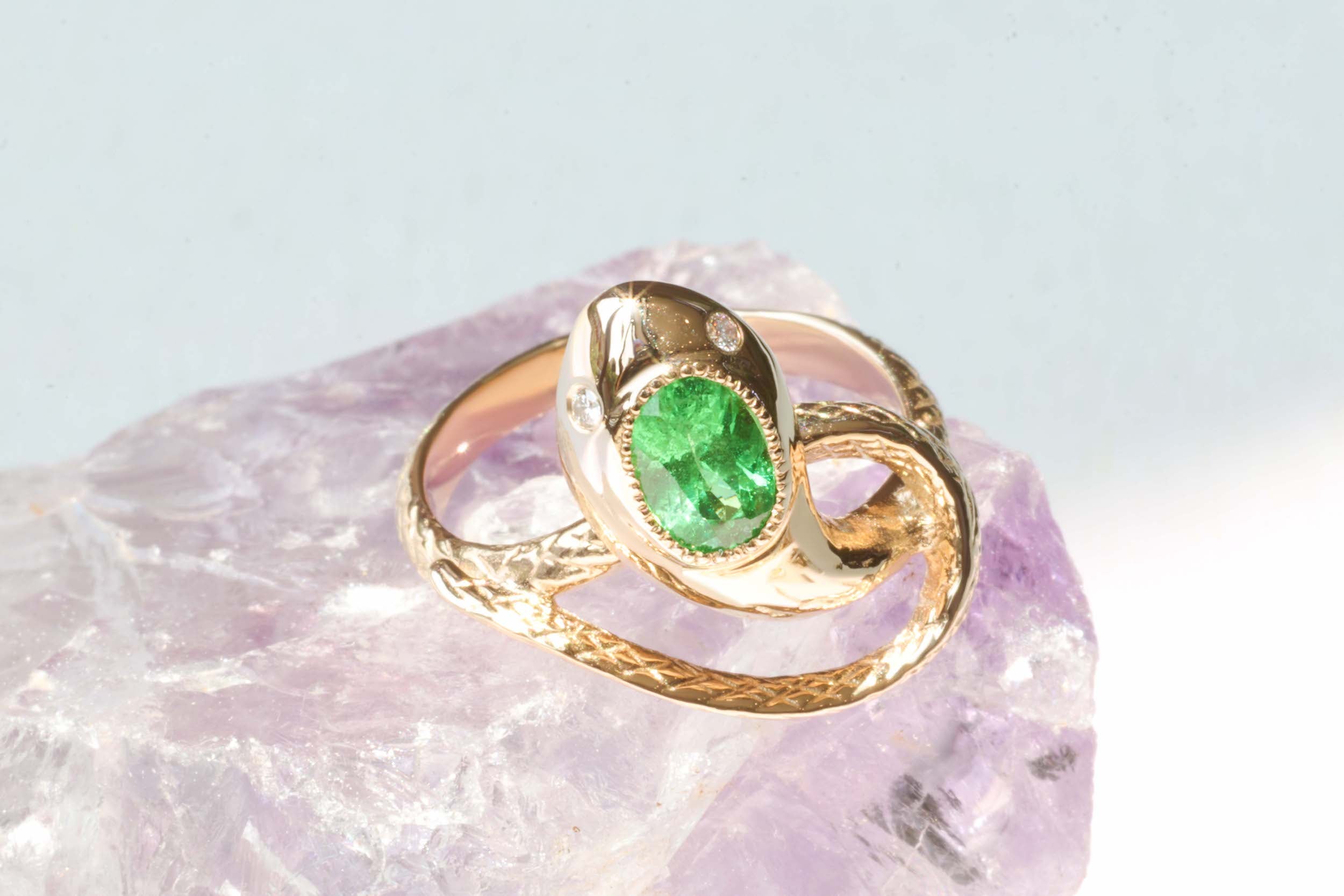Serpentes Ring - 14K Gold Tsavorite & Diamond Snake Ring for Women | Elegant Jewelry Gift for Birthday, Anniversary & Special Occasions