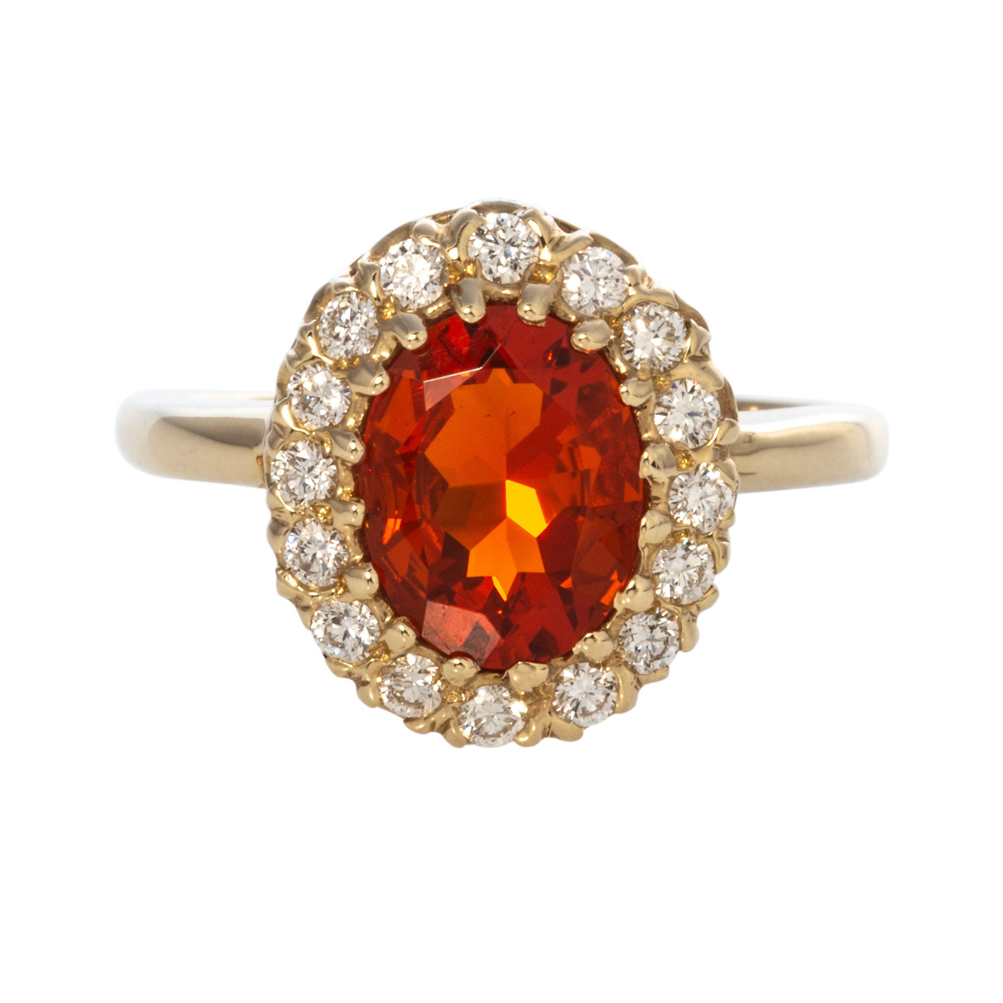 Exquisite 14K Yellow Gold Oval Mexican Fire Opal & Diamond Cluster Ring for Women | Elegant Jewelry Gift for Anniversary, Engagement & Special Occasions