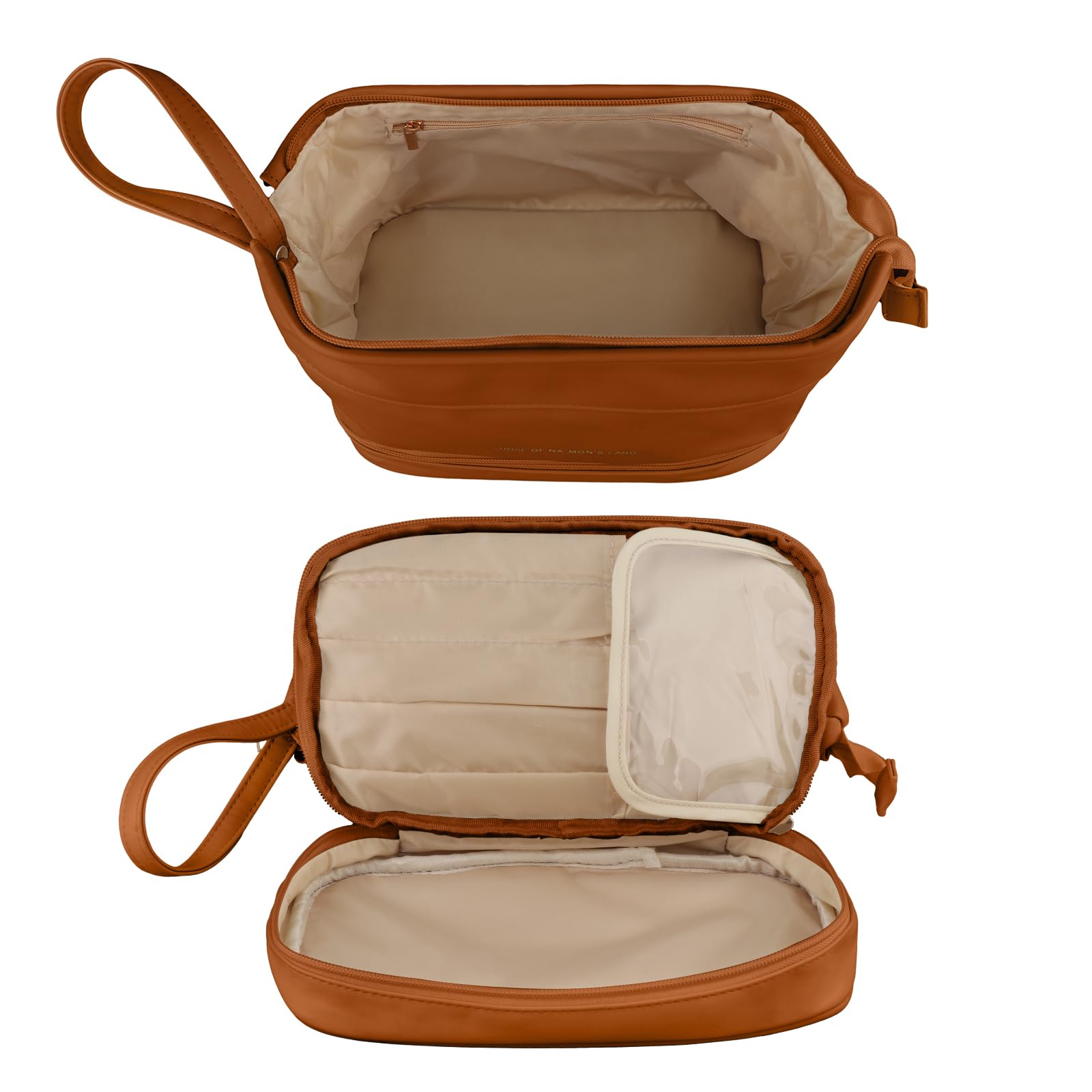 Women's Travel Cosmetic Bag - Double Layer Leather Makeup Organizer with Brush Compartments | Large Portable Toiletry Bag for Girls | Perfect for Airplane Carry-on, Vacation & Business Trips (Brown)