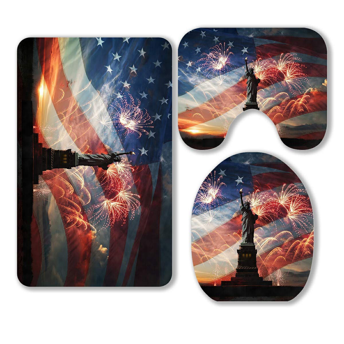 Statue of Liberty USA Flag Sunrise Fireworks 3-Piece Bathroom Rug Set - Non-Slip Bath Mat, Contour Mat & Toilet Lid Cover for American Patriotic Home Decor | Perfect for 4th of July, Memorial Day & Independence Day Celebrations