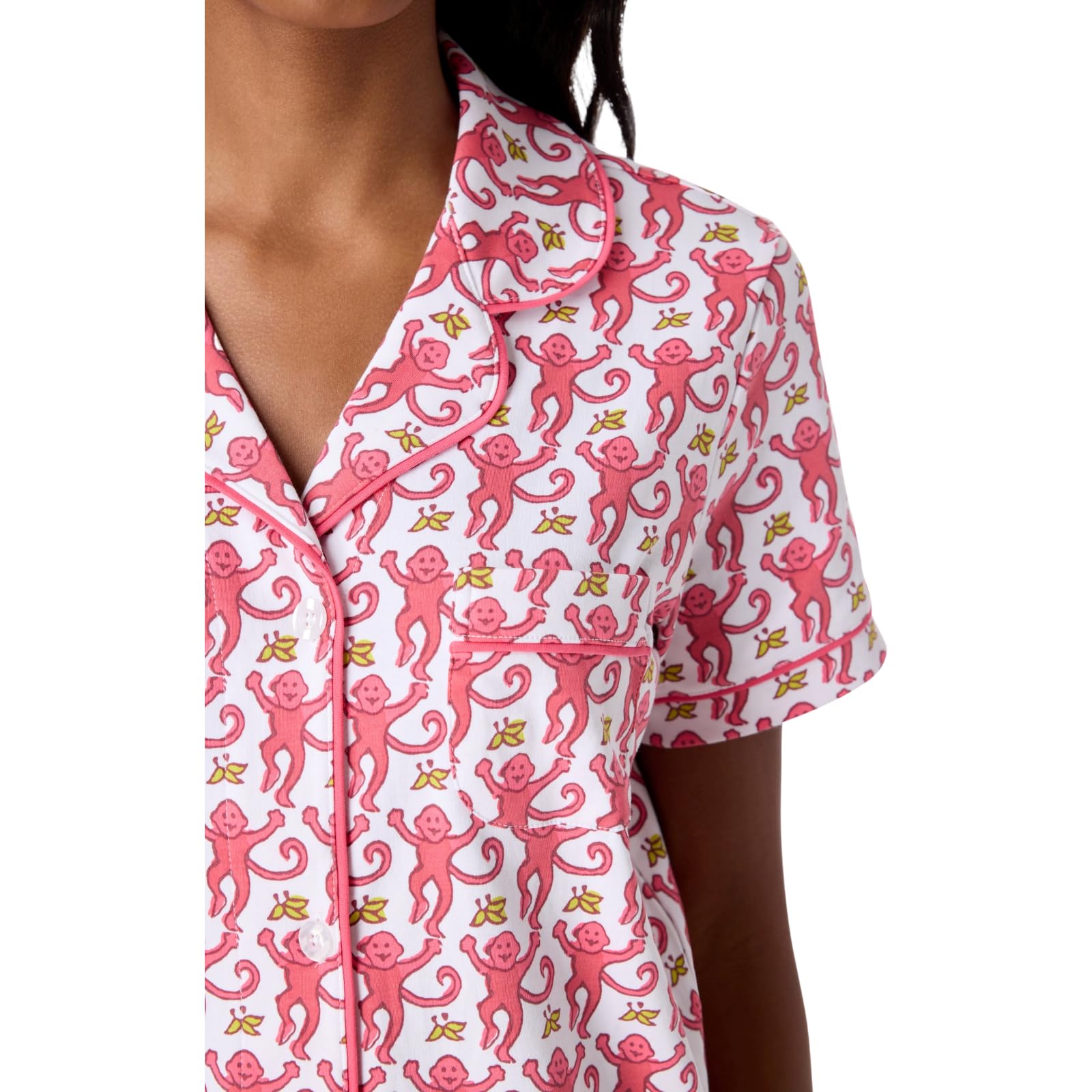 Women's 2-Piece Pajama Set with Button Down Top & Monkey Print Shorts - Y2K Style Loungewear for Vacation, Beach, Birthday & Valentine's Day Gifts | Perfect for Sleepovers, Relaxing at Home & Summer Getaways