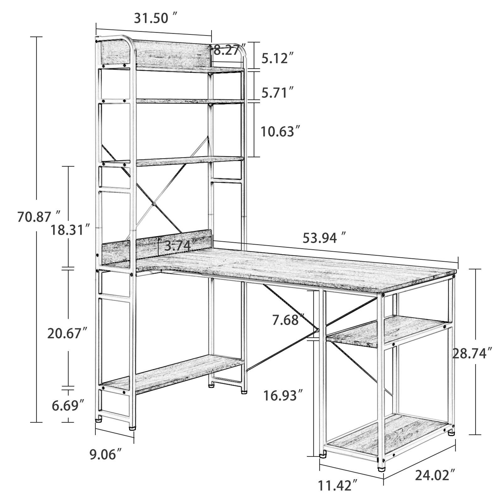 Modern Home Office Computer Desk with Metal Frame & MDF Board - 5-Tier Open Bookshelf for Maximum Storage Space (Oak Finish) - Perfect for Small Spaces, Dorm Rooms & Workstations