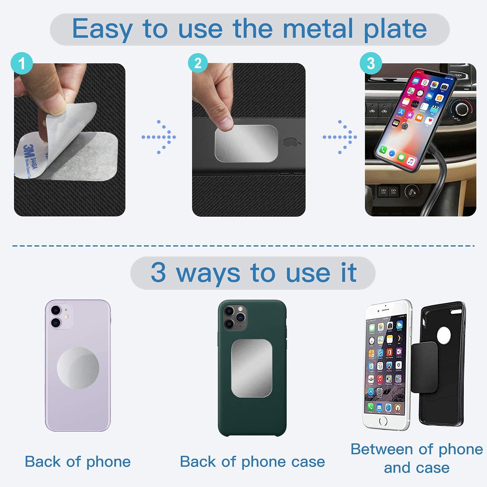 Magnetic Phone Mount Metal Plates - 4 Pack Silver Round Iron Discs with 3M Adhesive for Car, Wall & Phone Holder | Compatible with Most Smartphones | Perfect for Driving, Office & Home Use
