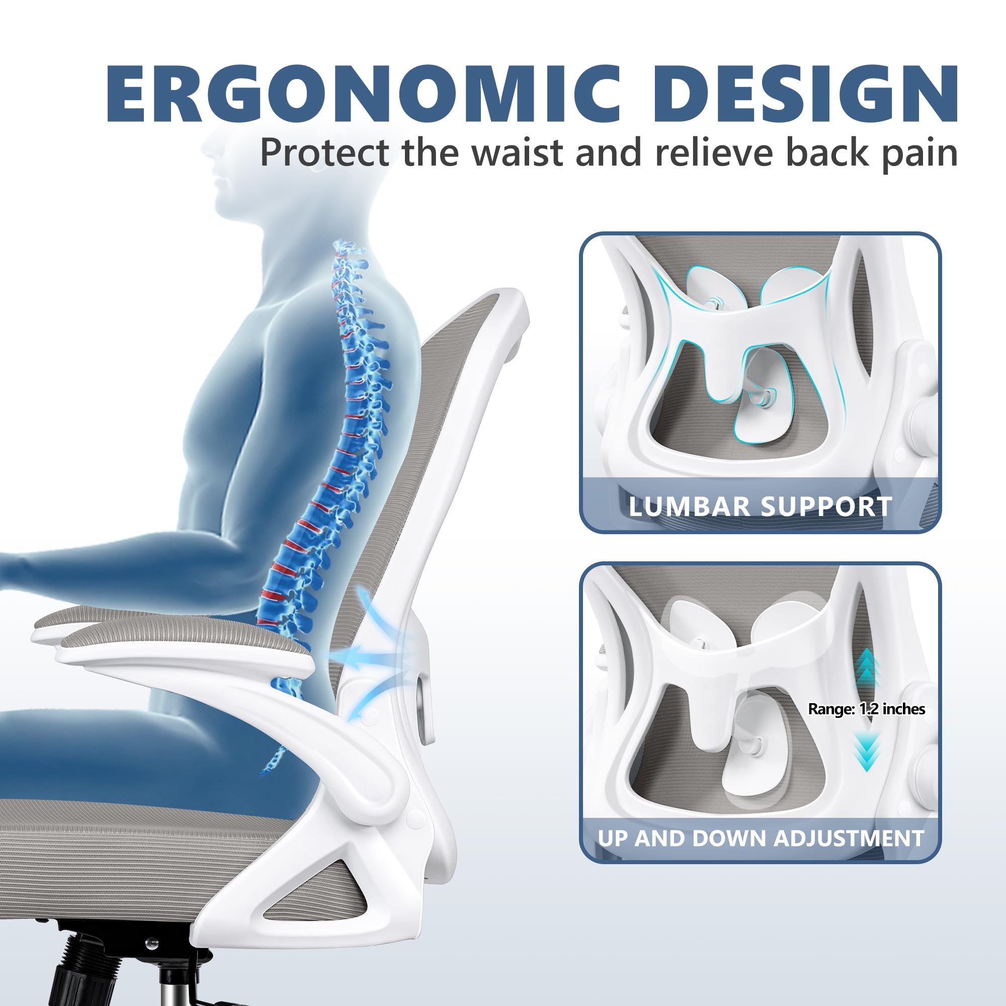 Ergonomic Mesh Office Chair with Adjustable Lumbar Support - Breathable Mid Back Computer Desk Chair, Swivel Task Chair with Flip-Up Armrests for Home & Office Use - Perfect for Long Work Hours & Gaming Sessions (Gray)