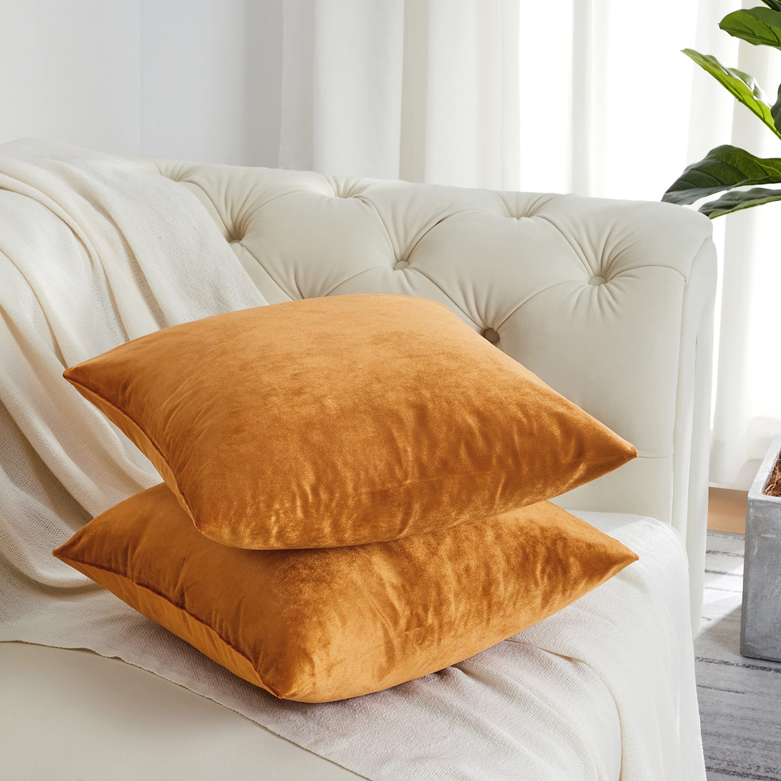 GIGIZAZA 24x24 Inch Velvet Decorative Throw Pillow Covers Set of 2 - Burnt Orange Square Cushion Covers for Sofa, Couch, Bed & Home Decor
