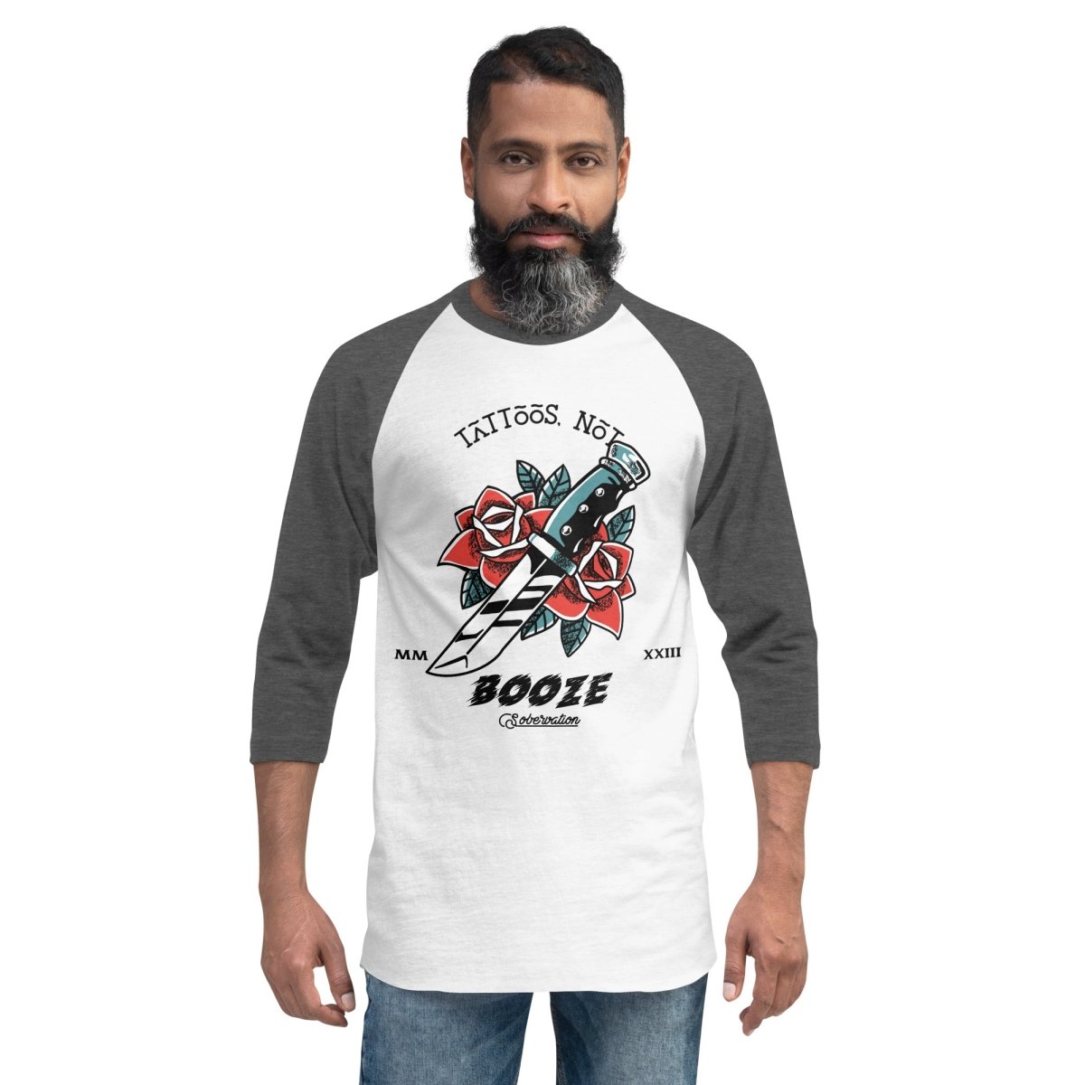 Rose Dagger Design 3/4 Sleeve Raglan Shirt for Tattoo Lovers - Stylish Casual Wear for Tattoo Shops, Concerts & Alternative Fashion
