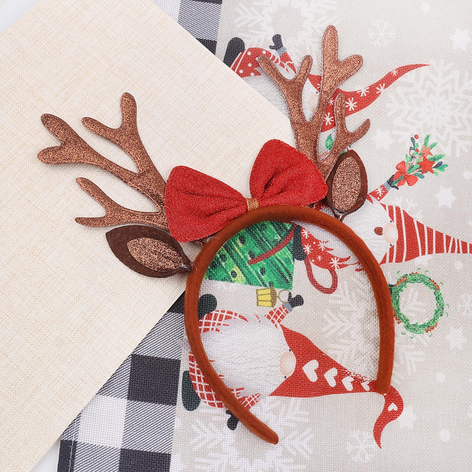 QDTK Brown Reindeer Antlers Headband for Women & Girls - Sparkling Sequined Glitter Deer Ears with Bow Hair Accessories | Christmas Holiday Party Costume, Xmas Photo Props, Festive Outfit Decoration