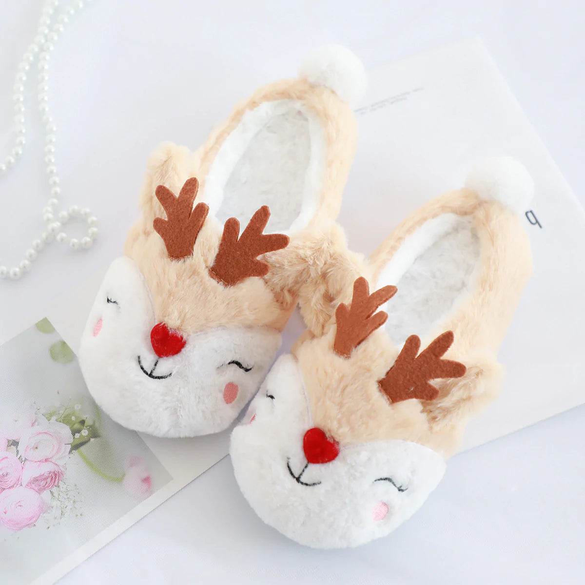 Snugglee Plush Reindeer Rudolf Indoor Slippers - Soft Christmas Themed House Shoes for Women & Kids - Perfect for Holiday Parties, Cozy Home Wear & Winter Gift Giving