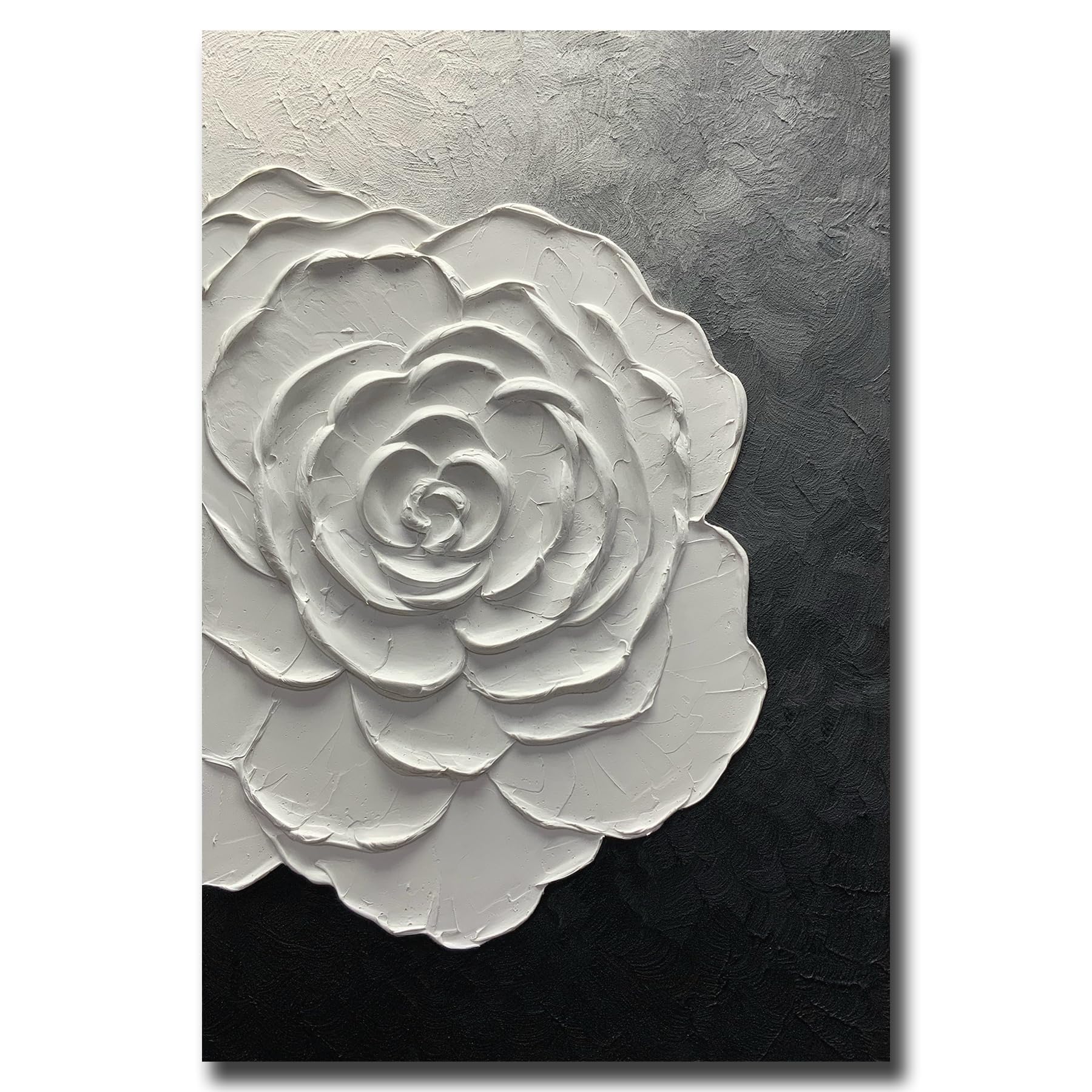 Hand-Painted 24x36 Inch Modern Abstract Oil Painting - Black White Grey 3D Texture Wall Art for Living Room, Bedroom & Office Decor | Moshinart Minimalist Floral Canvas Artwork