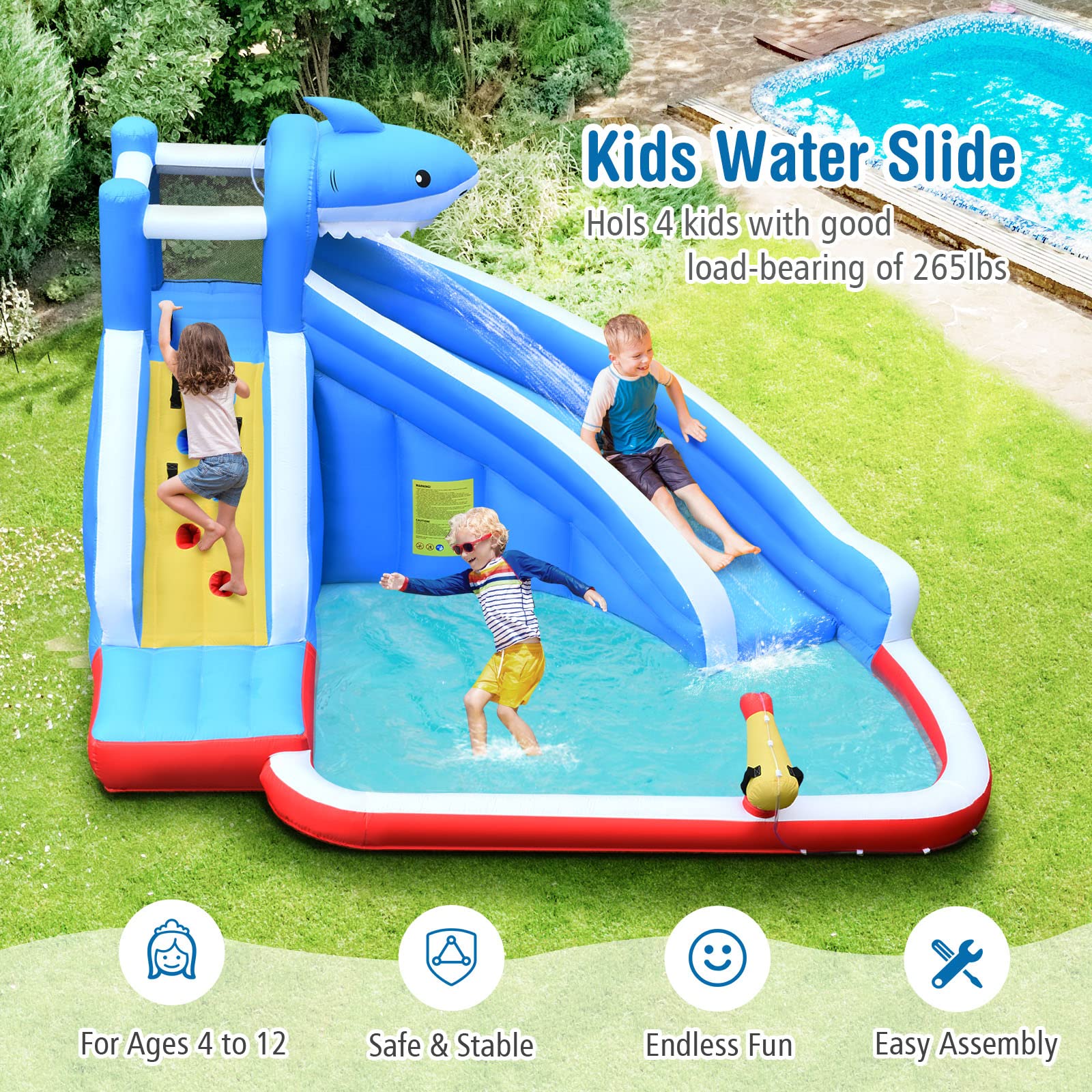 **HONEY JOY Shark Theme Inflatable Water Slide - Backyard Bounce House with Climbing Wall for Kids & Adults, Indoor Outdoor Water Park Fun (Blower Not Included) | Perfect for Summer Parties, Birthdays & Family Gatherings**