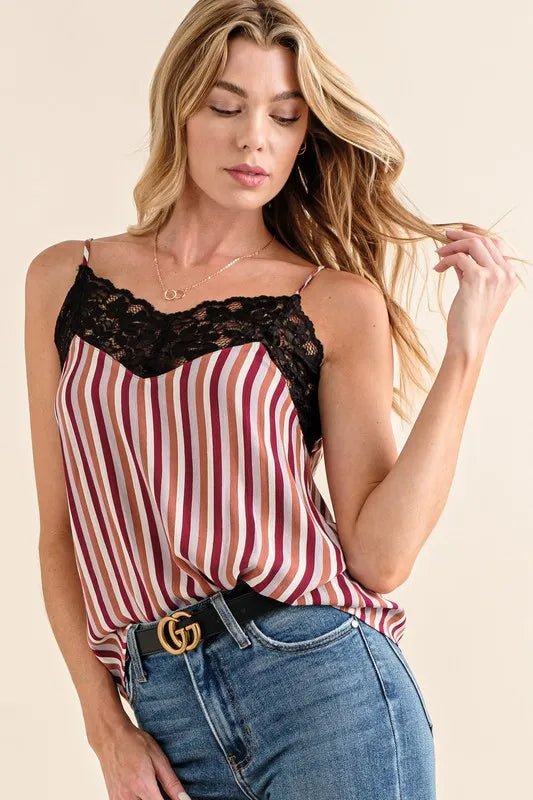 Women's Stripe Print Lace Cami Top - Flattering Summer Blouse for Casual Wear, Date Night & Layering