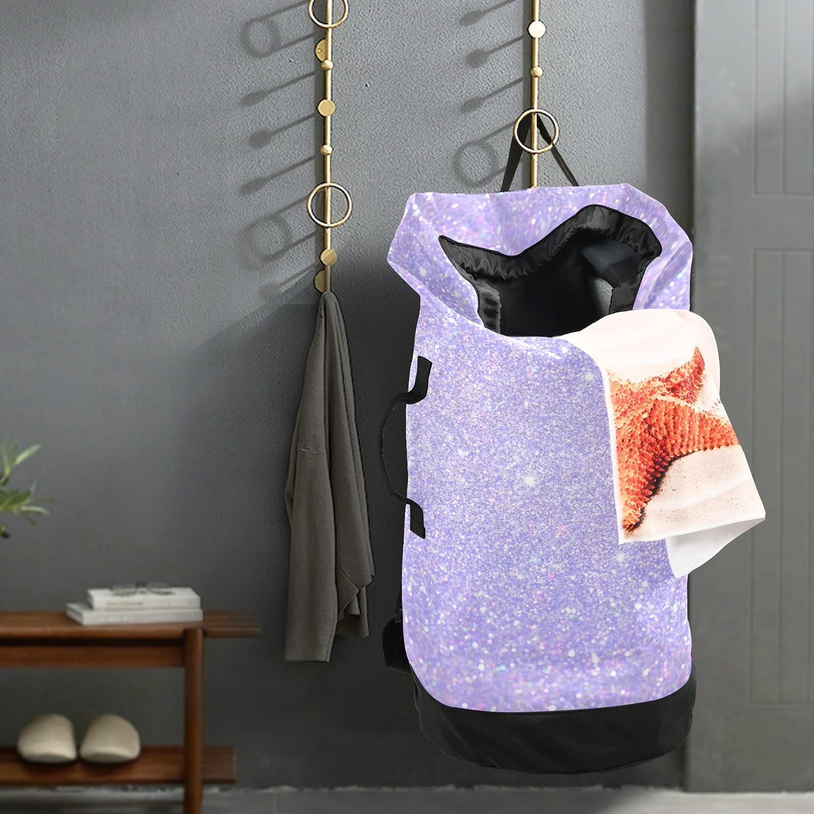 Shiny Glitter Lavender Laundry Backpack - Extra Large Wash Bag with Shoulder Straps for College Dorm, Apartment & Laundromat - Portable Laundry Hamper for Travel, Gym & Camping