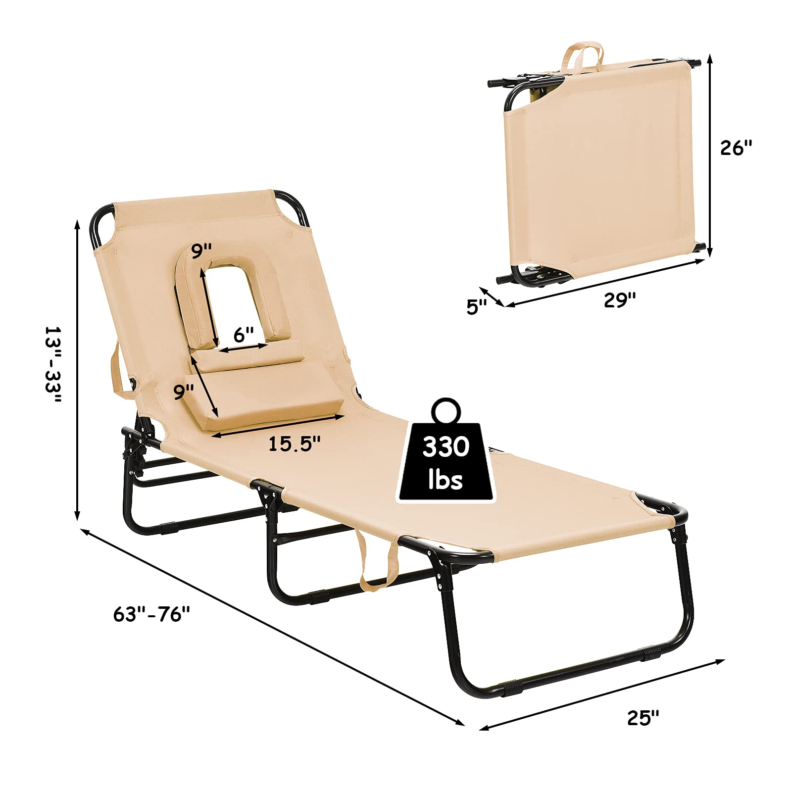 GYMAX Adjustable Folding Beach Lounge Chair - Portable Sunbathing Recliner with Face Hole for Backyard, Poolside & Outdoor Relaxation | Perfect for Beach, Patio, Camping and Vacation Use