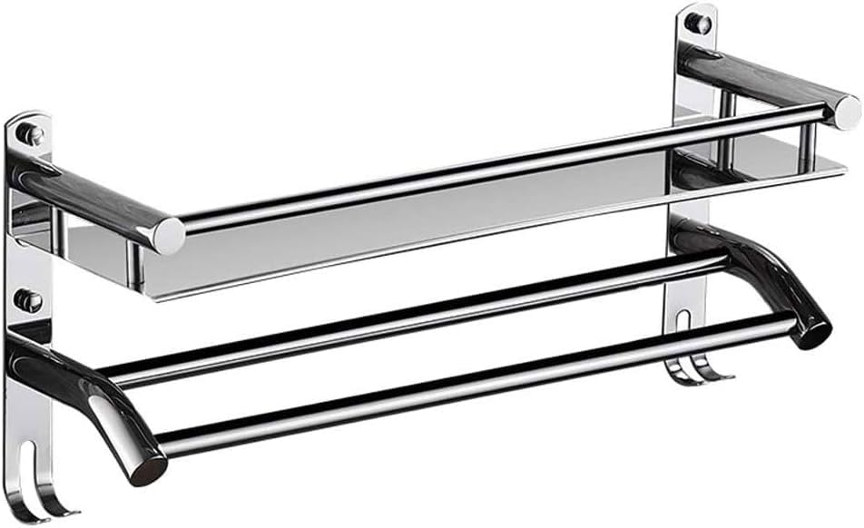 Stainless Steel Bathroom Shelf with Towel Bar & Hooks - Wall Mount Organizer for Kitchen & Bathroom Storage - Perfect for Towels, Toiletries & Accessories - Silver