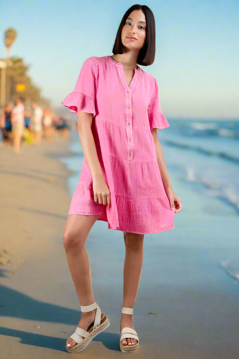 Plus Size Woven Pink Mini Dress for Women - Flowy Summer Casual Dress with Pockets | Perfect for Beach, Party & Date Night Outfits