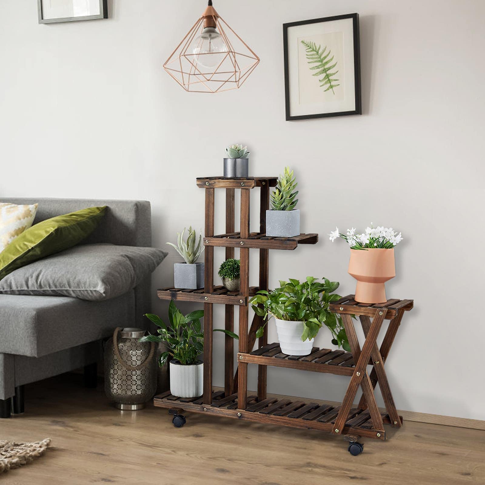 Topeakmart 5-Tier Flower Display Stand - Multi-Layer Plant Shelf for Indoor/Outdoor Use - Perfect for Garden, Patio, Yard & Living Room - Removable Corner Shelving Unit with Wheels - Holds Flowers, Plants & Books (Brown)