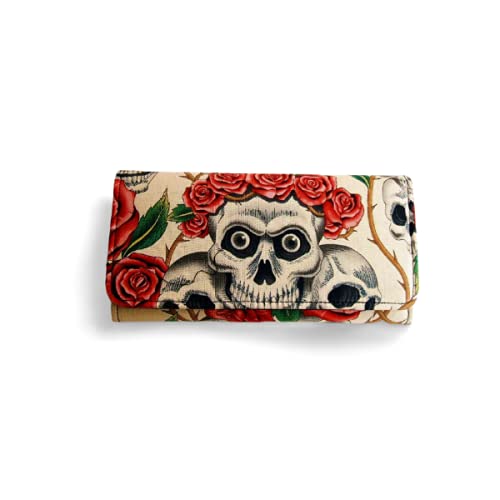 Rose Tattoo Beige Cotton Tri-Fold Clutch Wallet for Women - Stylish RFID Blocking Purse with Zipper Pocket - Perfect for Travel, Parties & Everyday Use