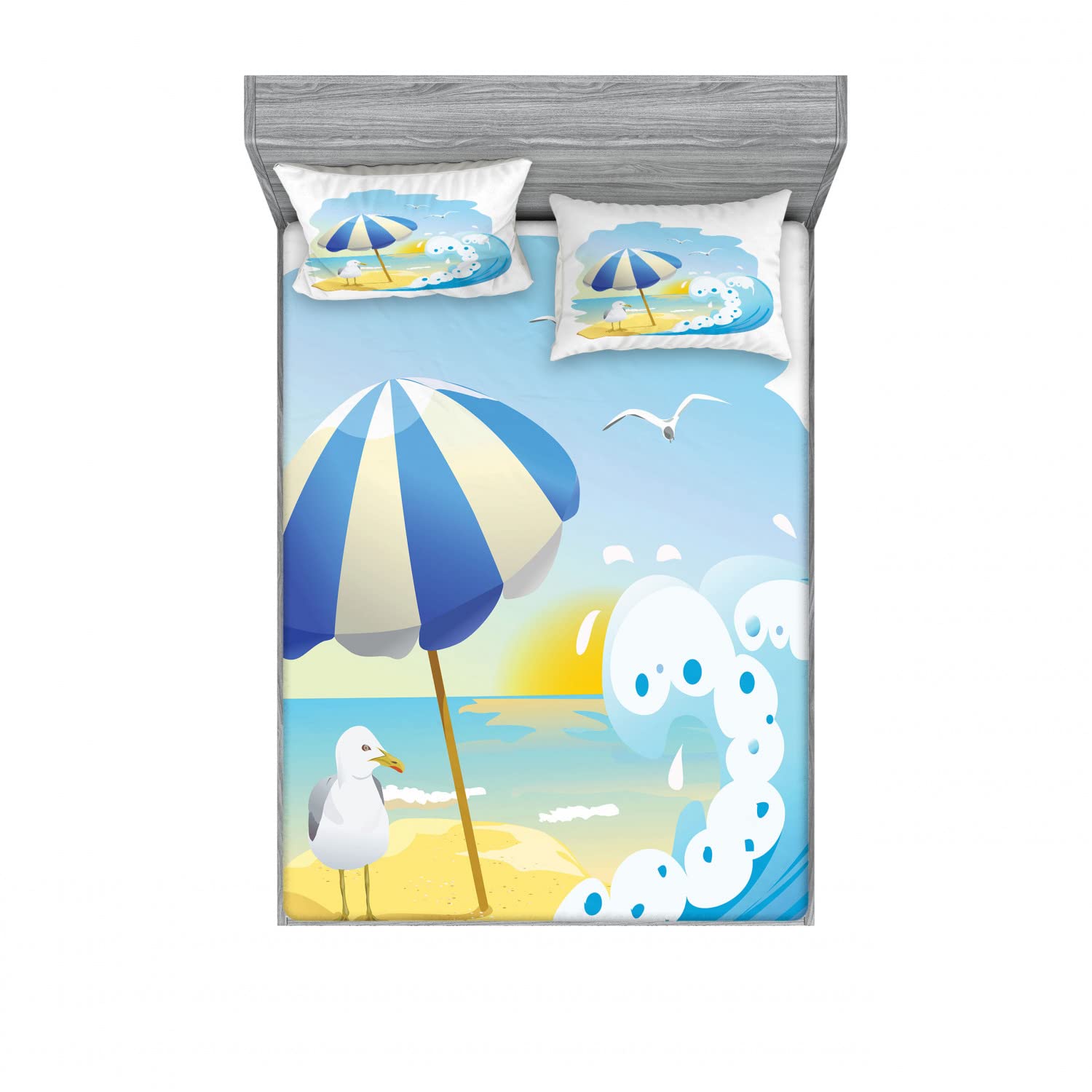 Ambesonne 2-Pack Queen Size Fitted Sheet & Pillow Sham Set - Seagull at Beach Design, 4-Piece Bedding Set (2 Fitted Sheets + 4 Pillow Covers), Vibrant Multicolor Coastal Decor for Master Bedroom, Guest Room or Beach House